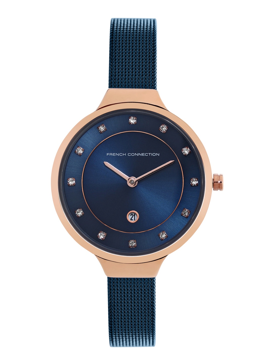 

French Connection Women Blue Embellished Dial & Blue Stainless Steel Bracelet Style Straps Analogue Watch