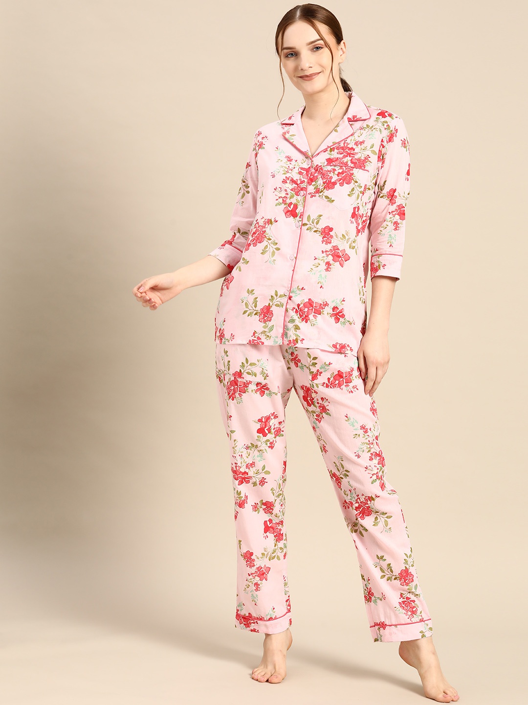 

MABISH by Sonal Jain Women Pink & Red Printed Night suit