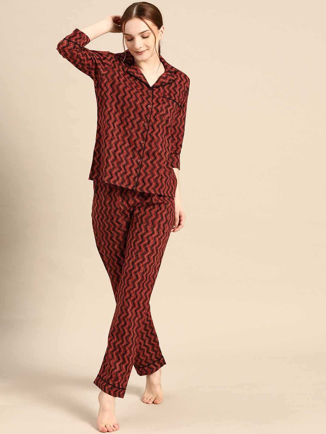

MABISH by Sonal Jain Women Rust & Black Striped Night suit