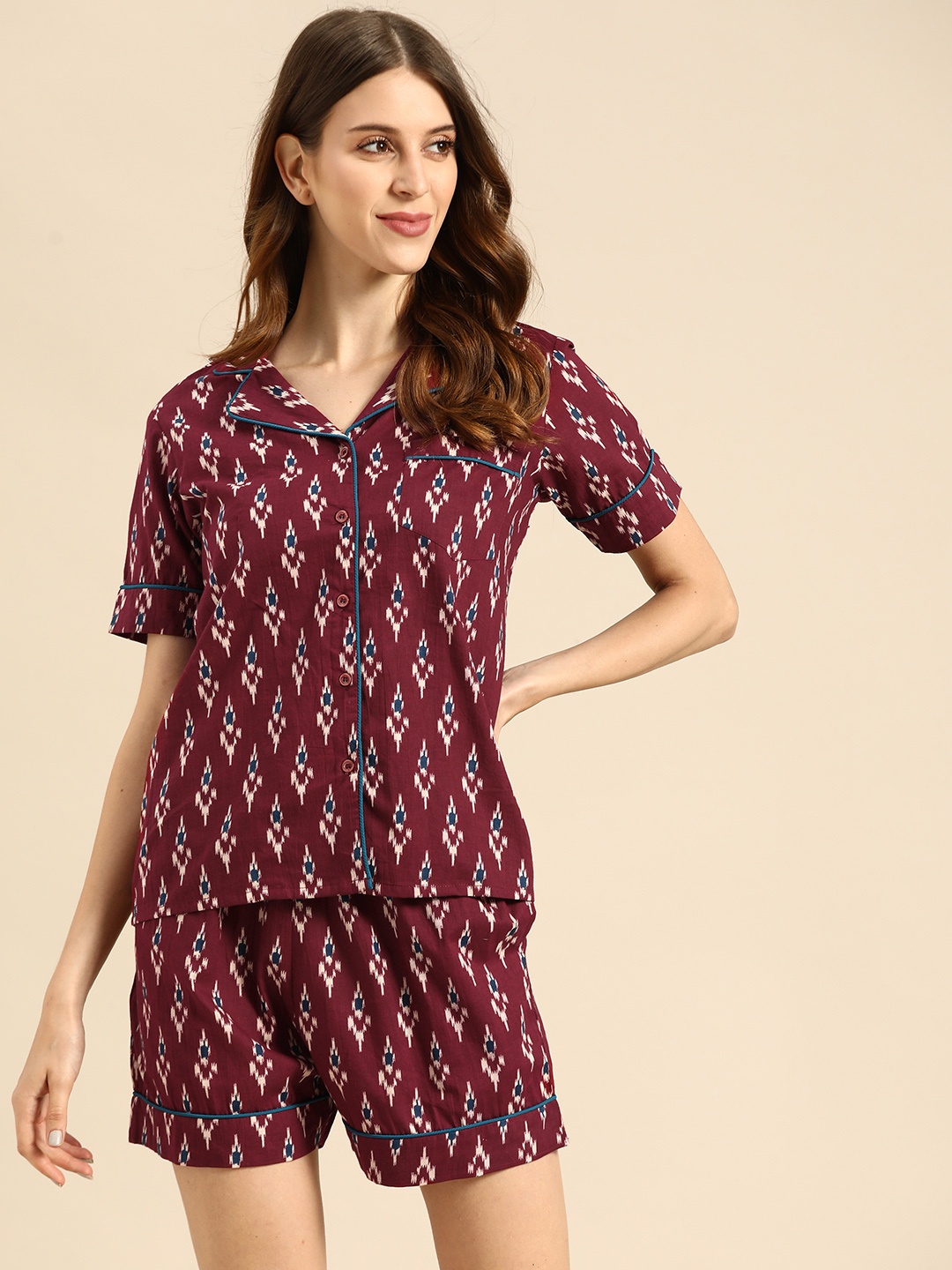 

MABISH by Sonal Jain Women Maroon & White Ethnic Motifs Print Cotton Shorts Set