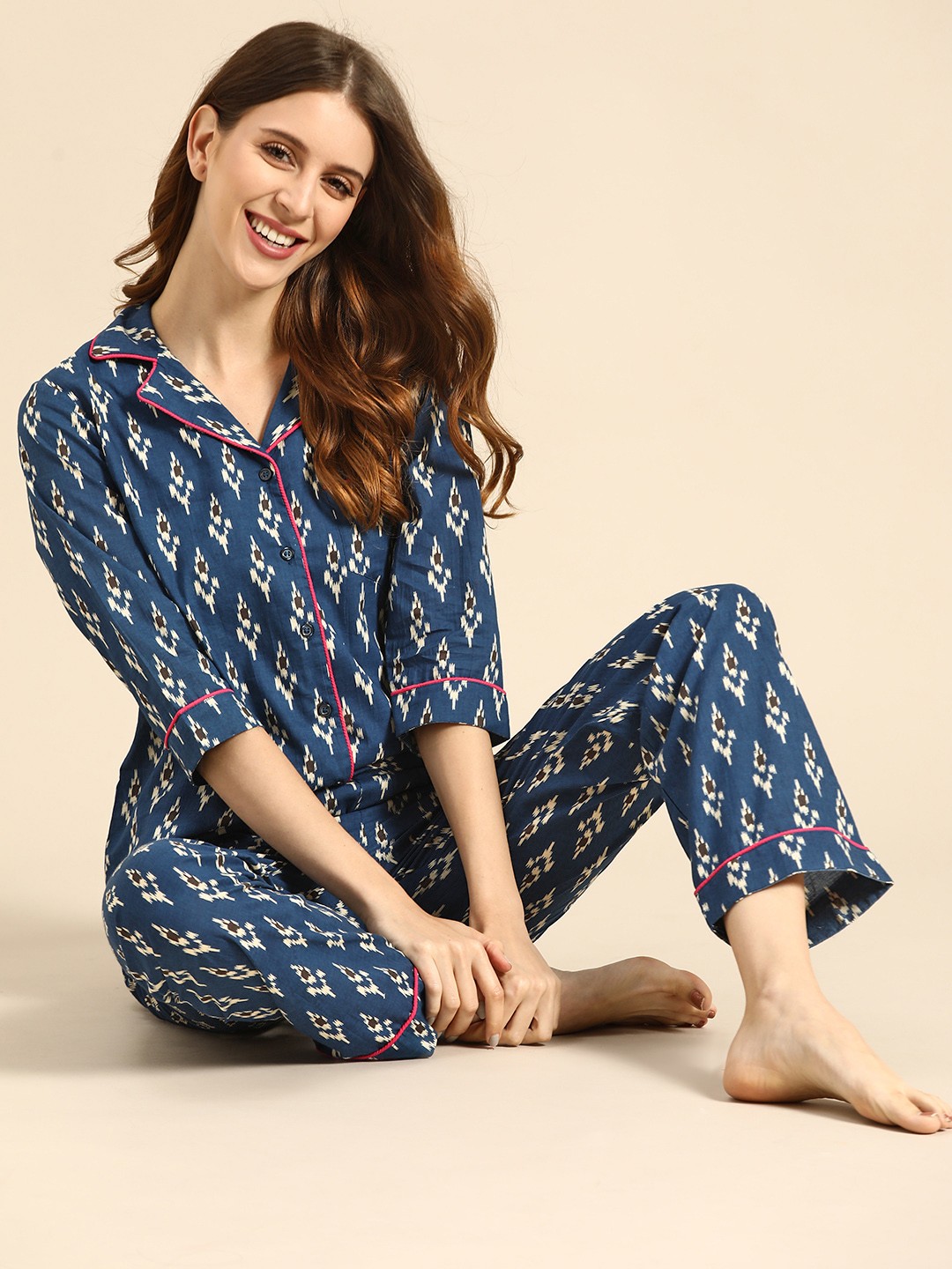 

MABISH by Sonal Jain Women Navy Blue & White Ethnic Motifs Print Cotton Pyjamas Set