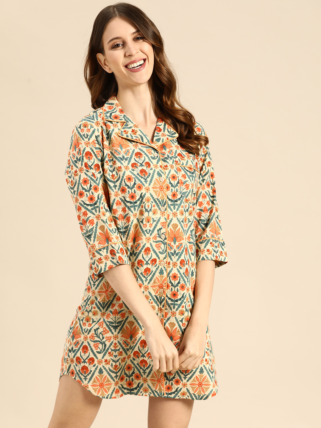 

MABISH by Sonal Jain Women Beige & Orange Ethnic Print Pure Cotton Sleep Shirt
