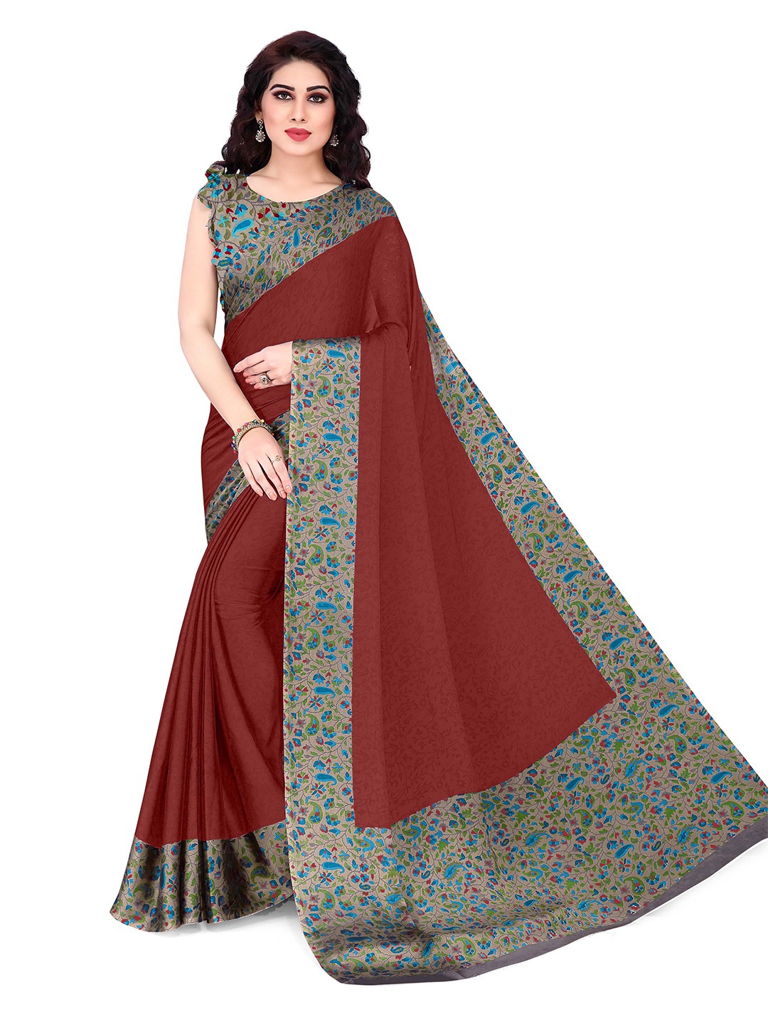 

KALINI Maroon & Grey Floral Bagh Saree