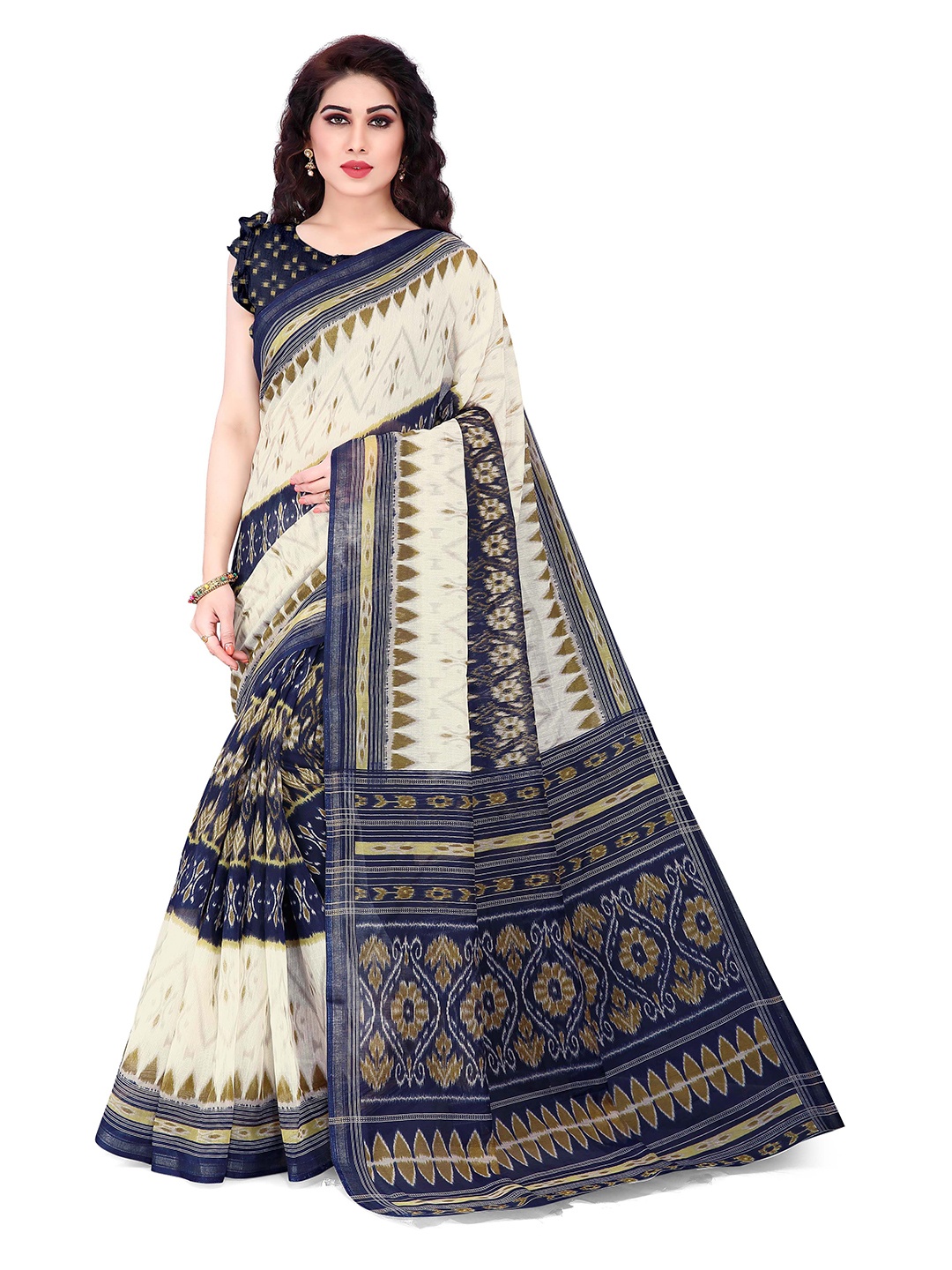 

KALINI Off White & Blue Printed Zari Cotton Saree