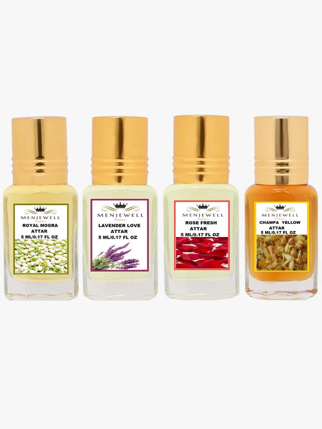 

Menjewell Set of 4 Perfume -Royal Mogra,Lavender Love,Rose Fresh,Champa Yellow