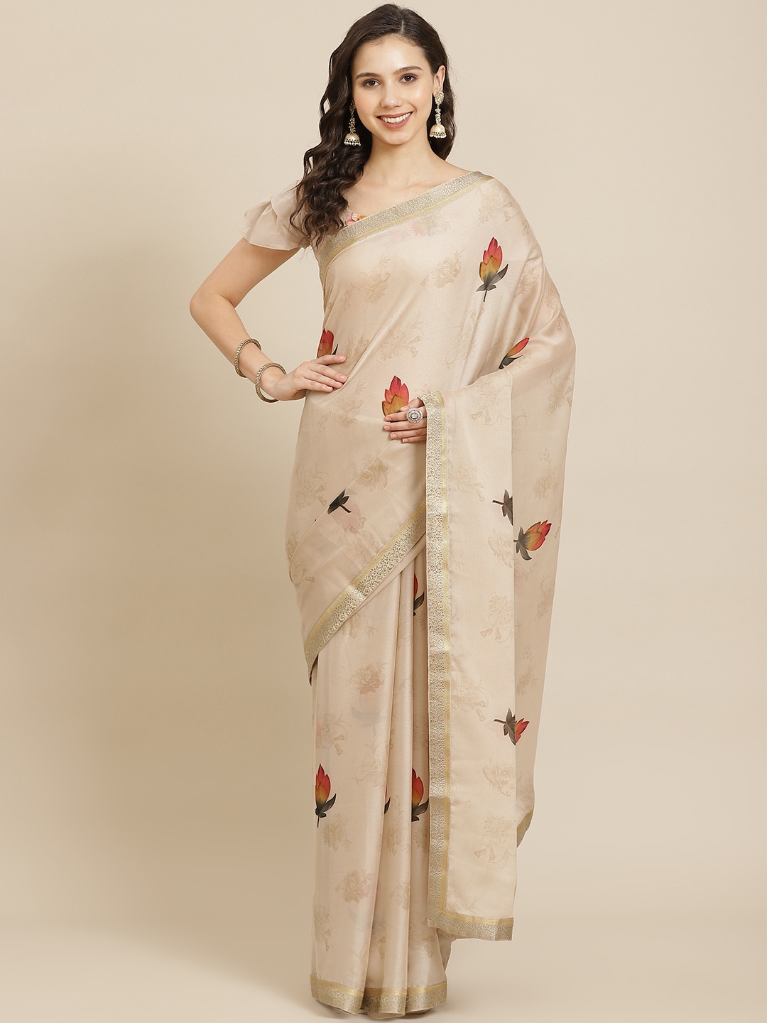 

SHANGRILA Beige & Red Floral Pure Georgette Saree