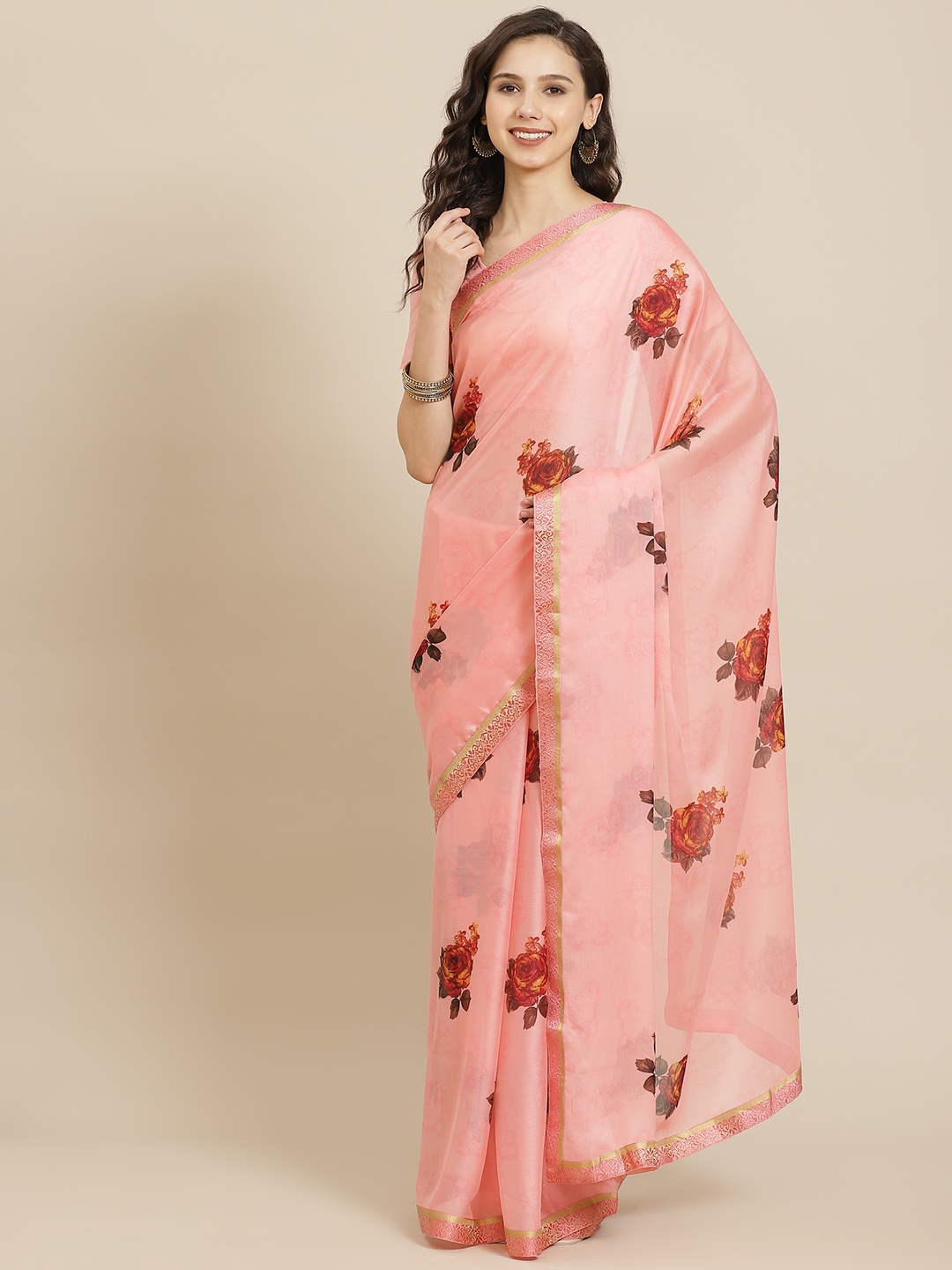 

SHANGRILA Coral Pink & Maroon Floral Zari Saree