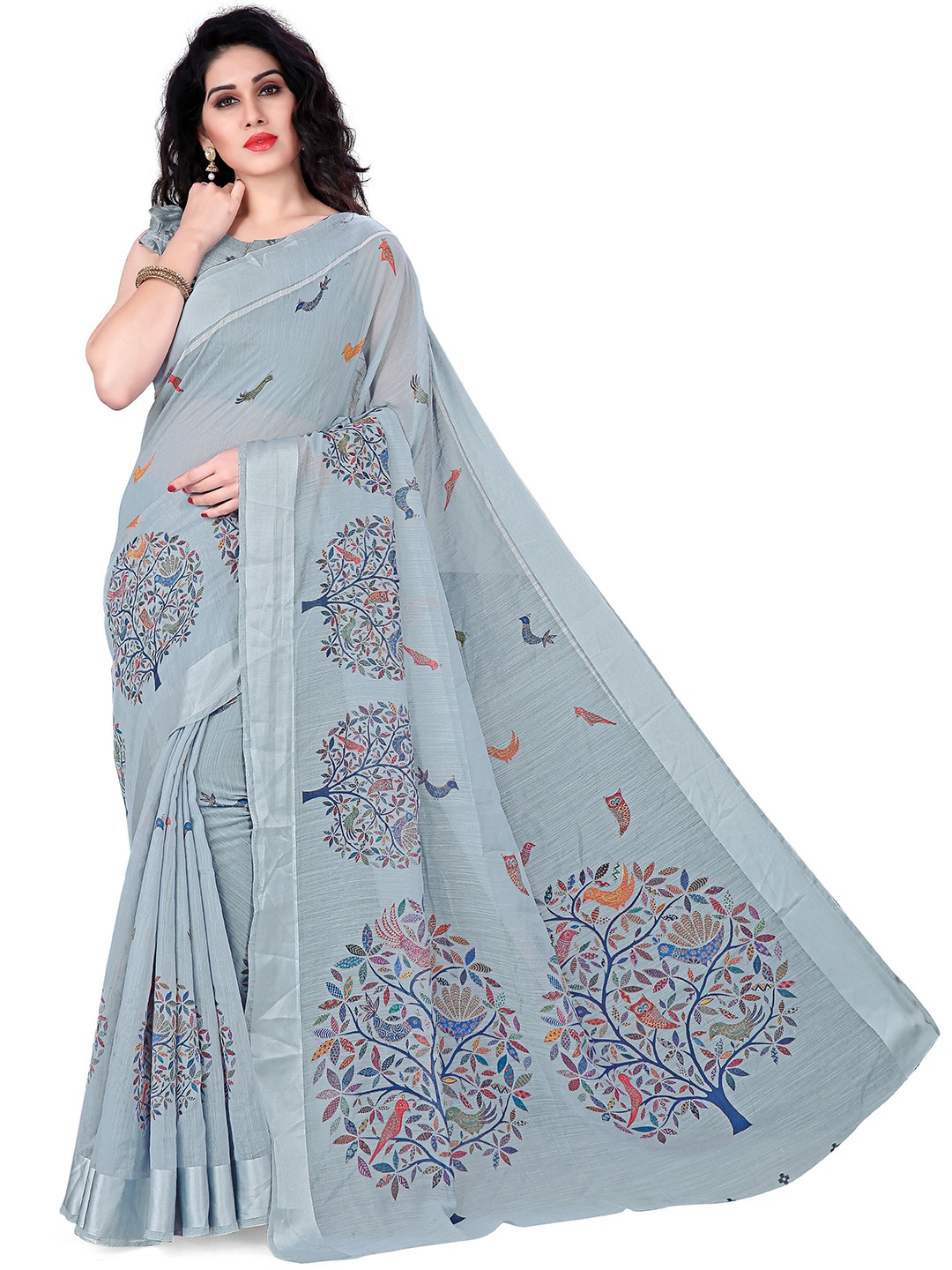 

KALINI Grey & Blue Polycotton Floral Saree