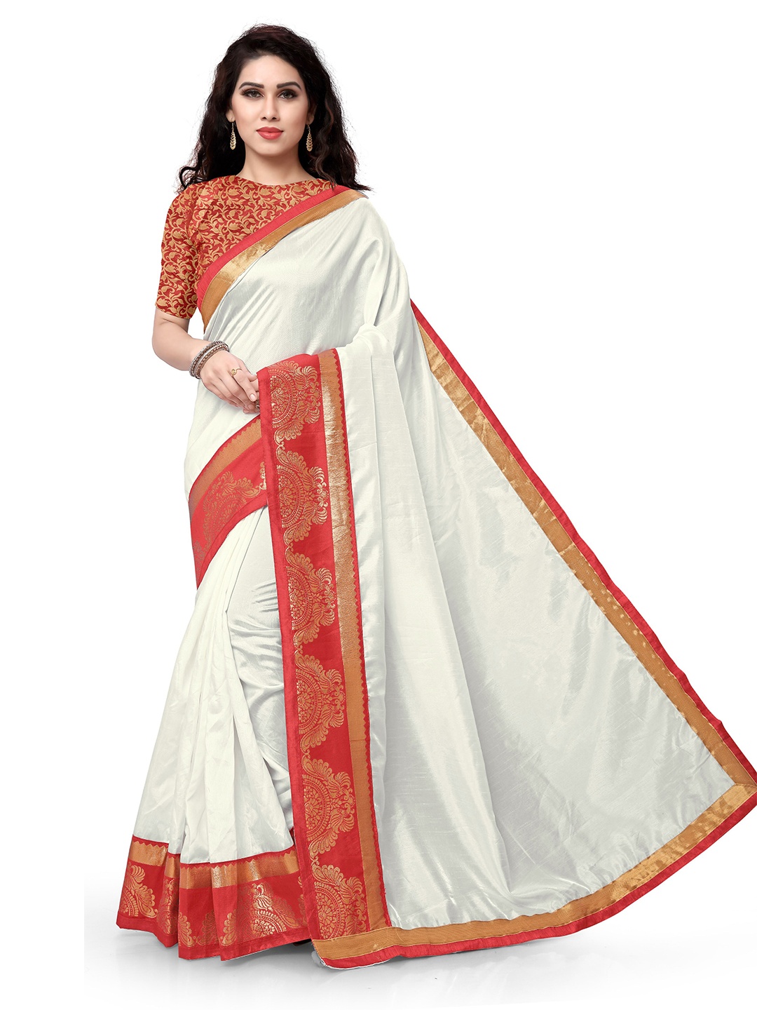 

KALINI White & Red Woven Design Zari Silk Blend Saree
