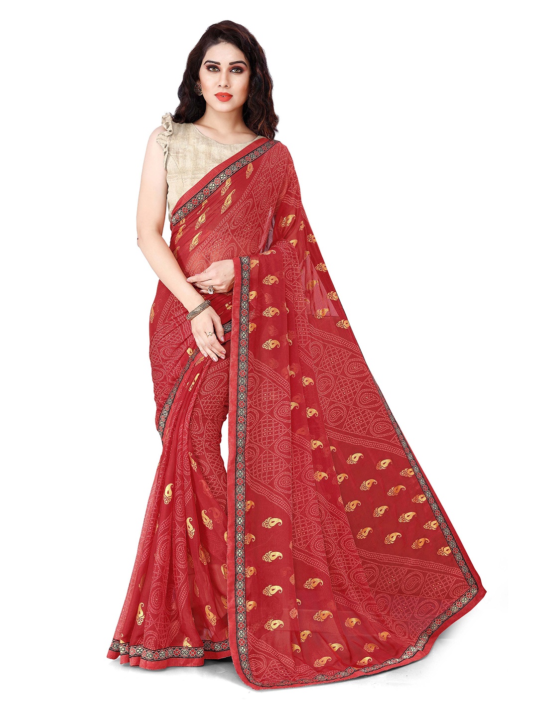 

KALINI Red & White Bandhani Zari Bandhani Saree