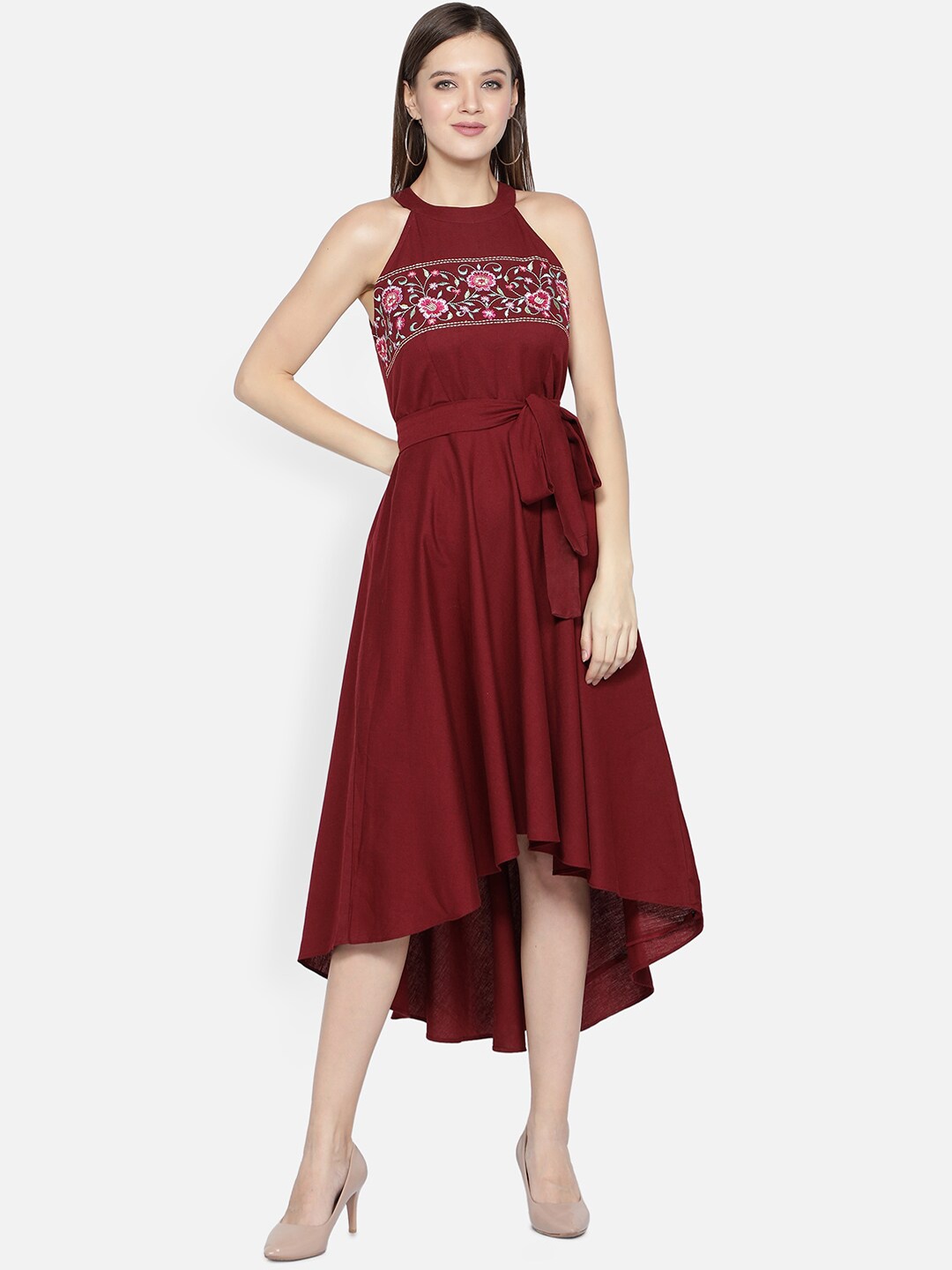 

DESI WOMANIYA Women Maroon Embroidered Midi Dress