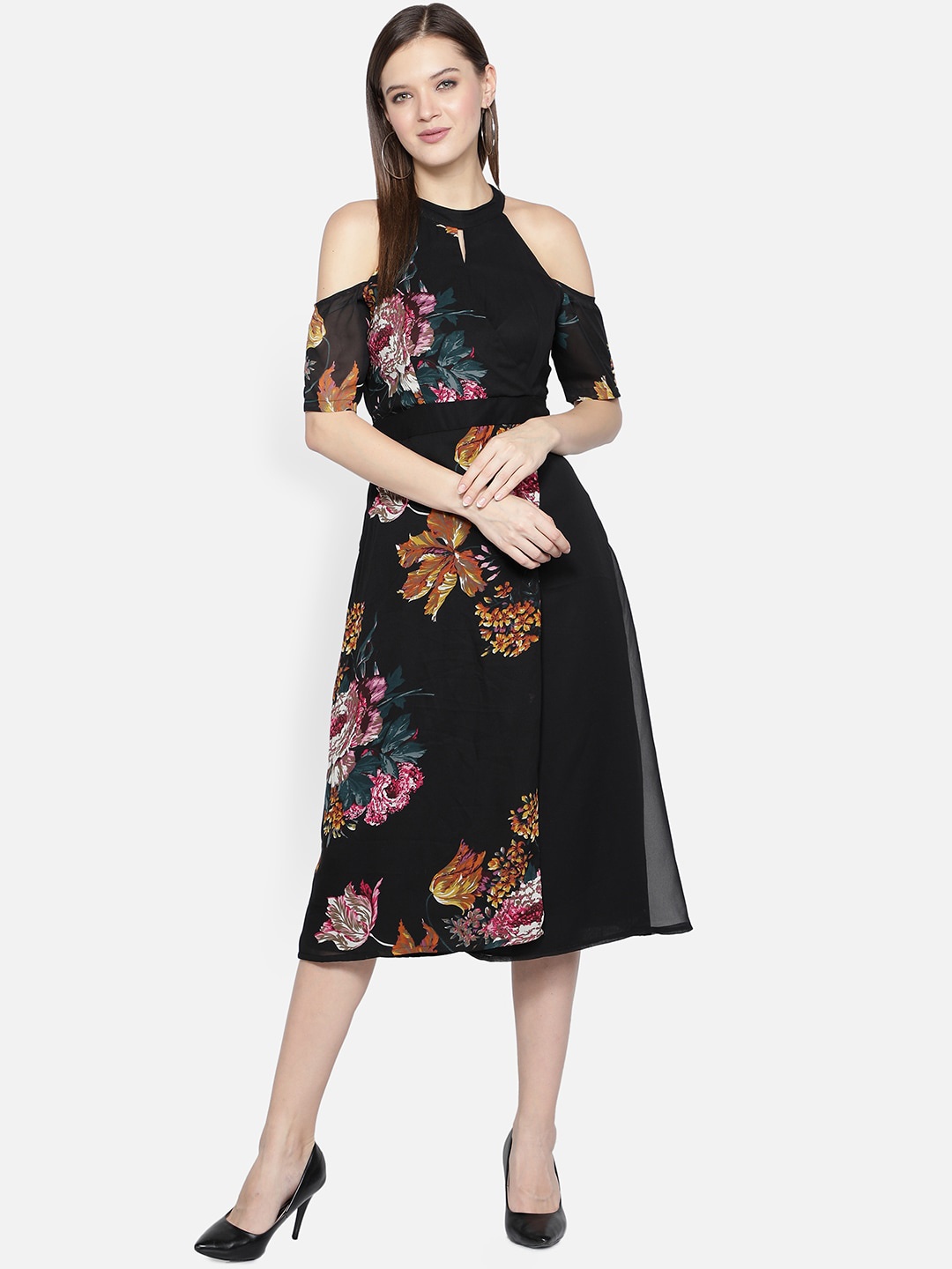 

DESI WOMANIYA Women Black Floral Georgette A-Line Midi Dress