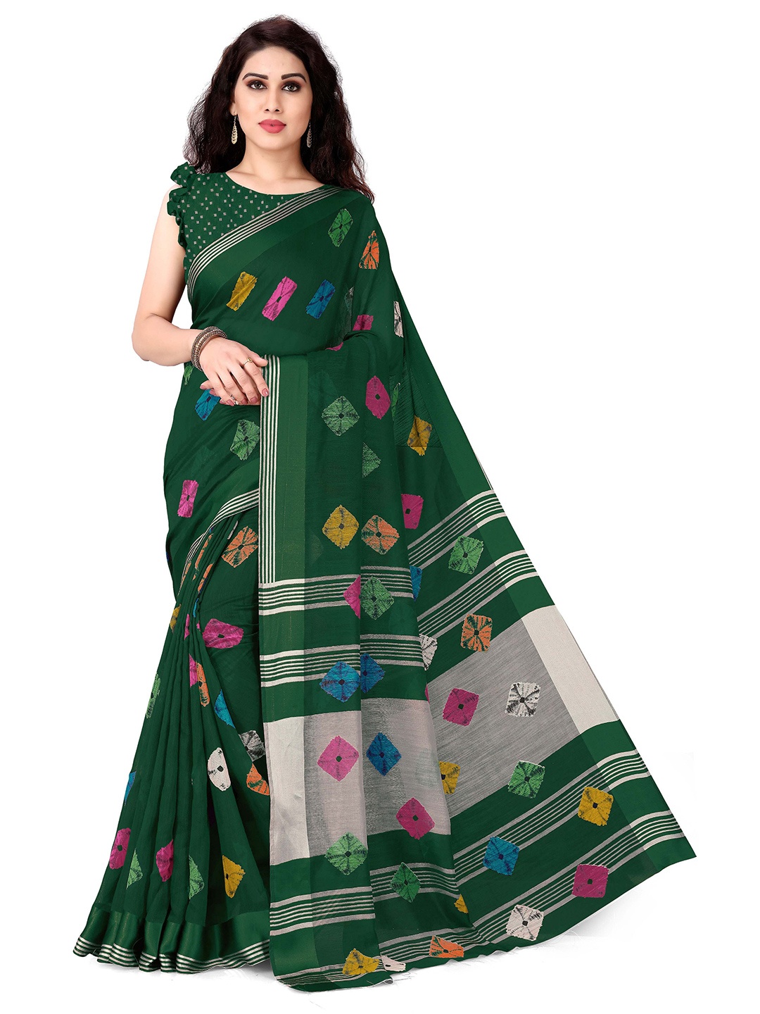 

KALINI Green & White Polycotton Bandhani Saree