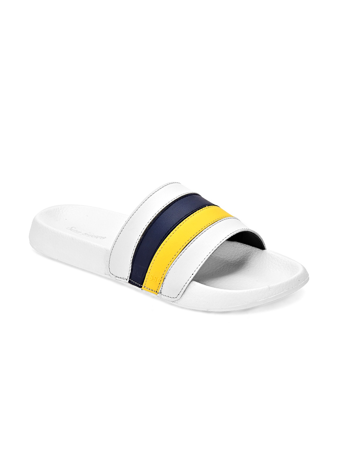 

San Frissco Men Yellow & Navy Blue Striped Sliders