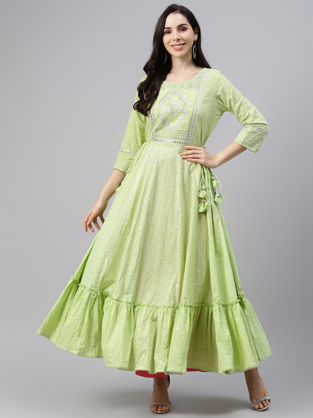 

Silai Bunai Women Green & White Bandhani Printed Gotta Patti Cotton Anarkali Kurta