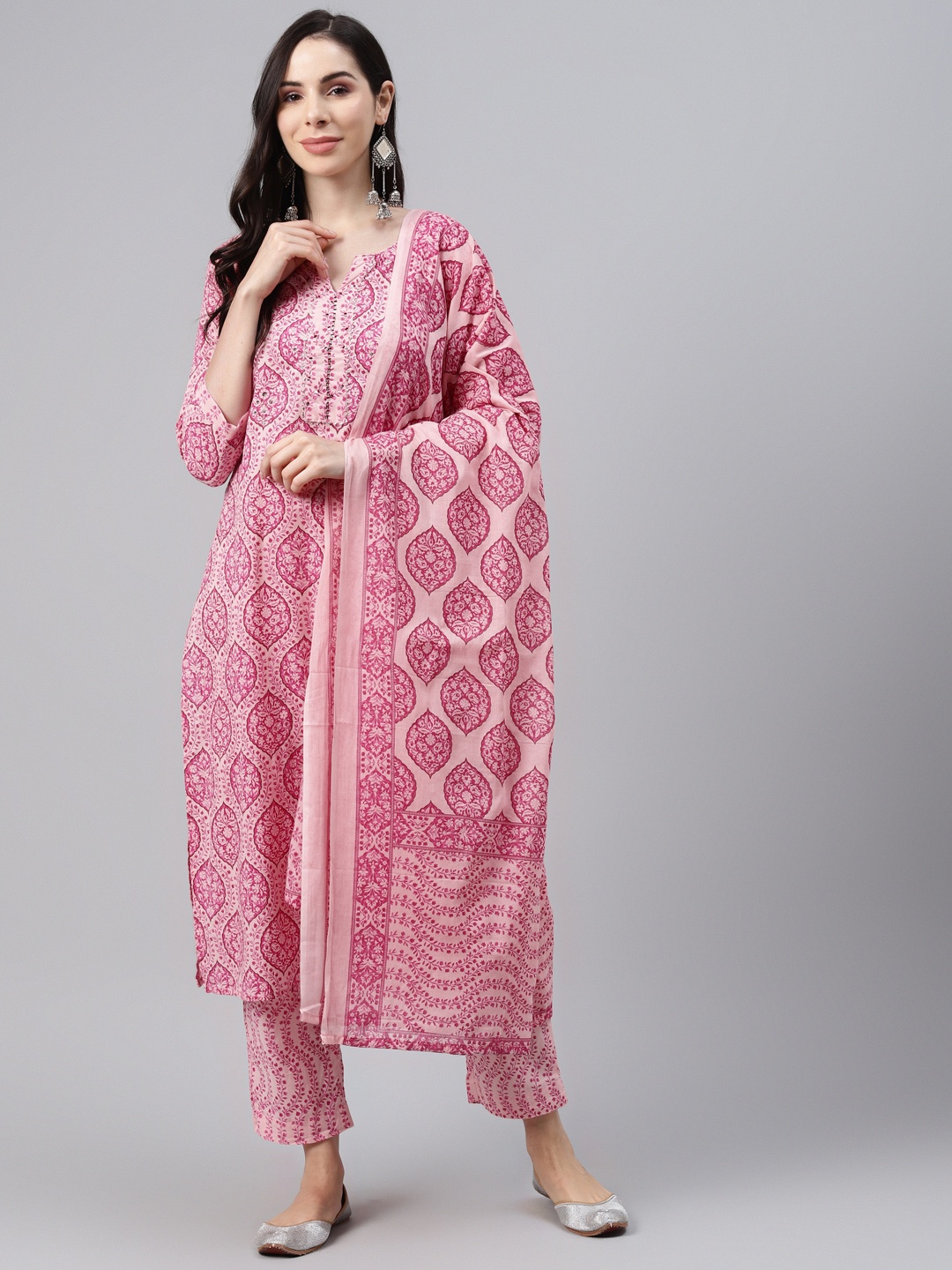 

Silai Bunai Women Pink Ethnic Motifs Print Cotton Kurta with Trousers & Dupatta