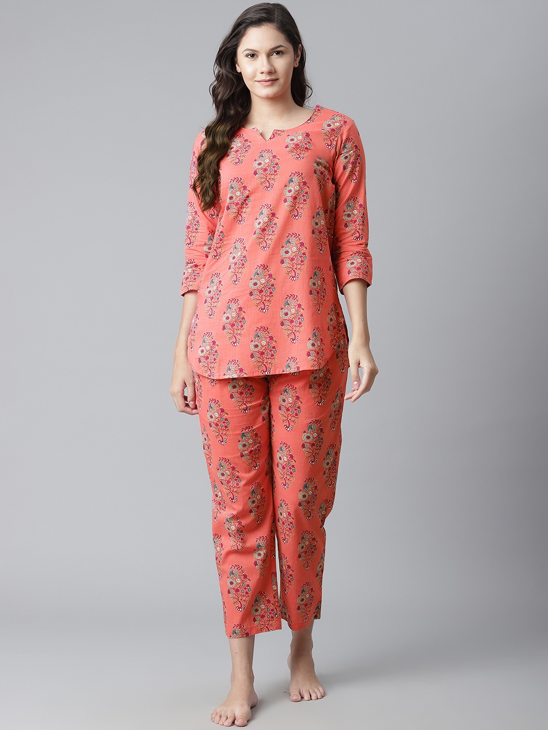 

Divena Women Pink & Blue Printed Cotton Night suit