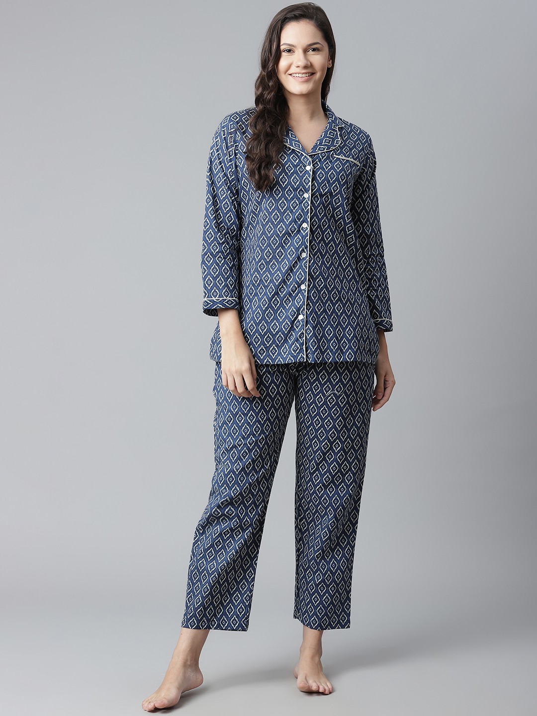 

Divena Women Navy Blue & White Printed Cotton Night suit
