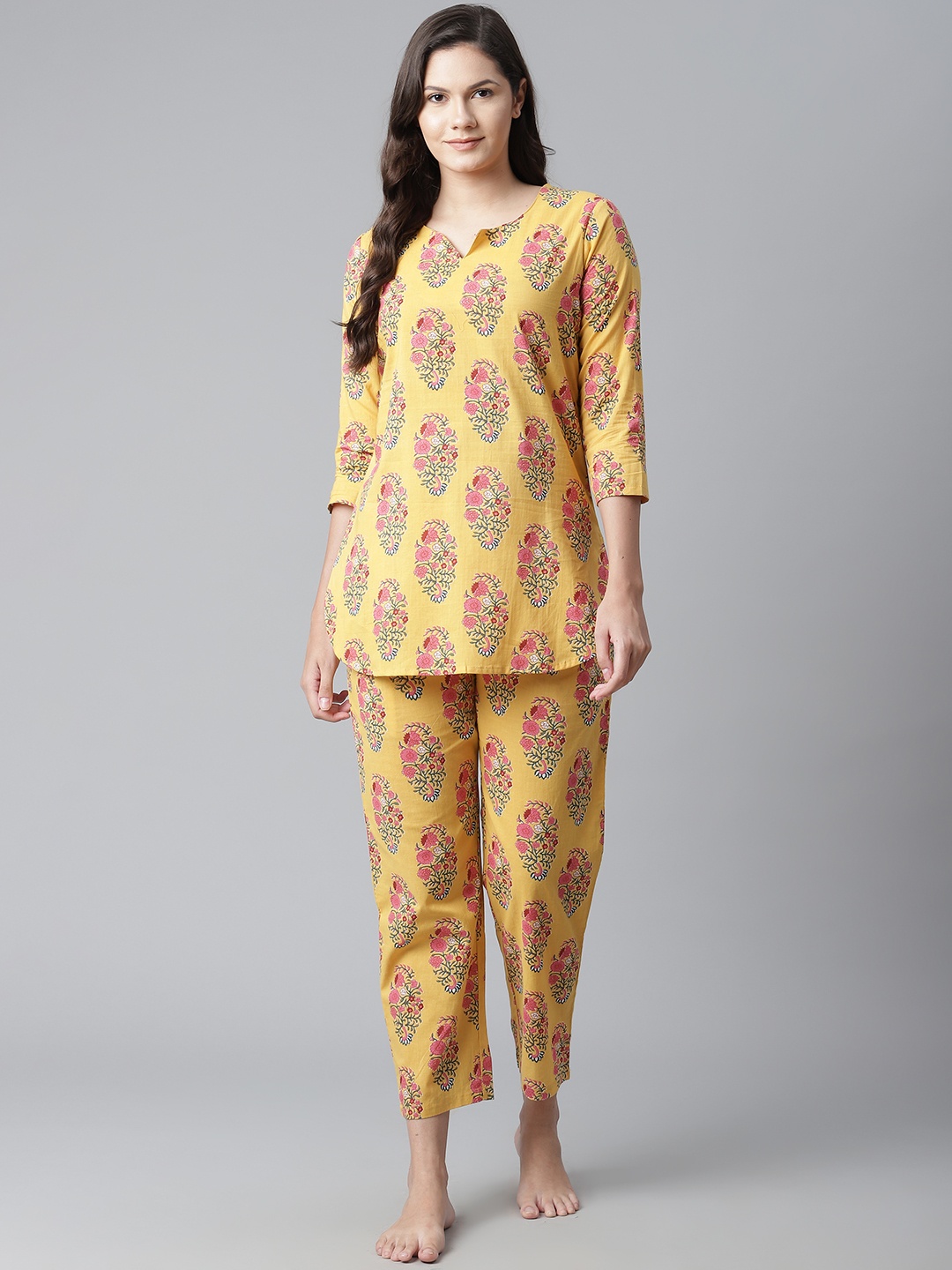 

Divena Women Yellow & Pink Printed Cotton Night suit