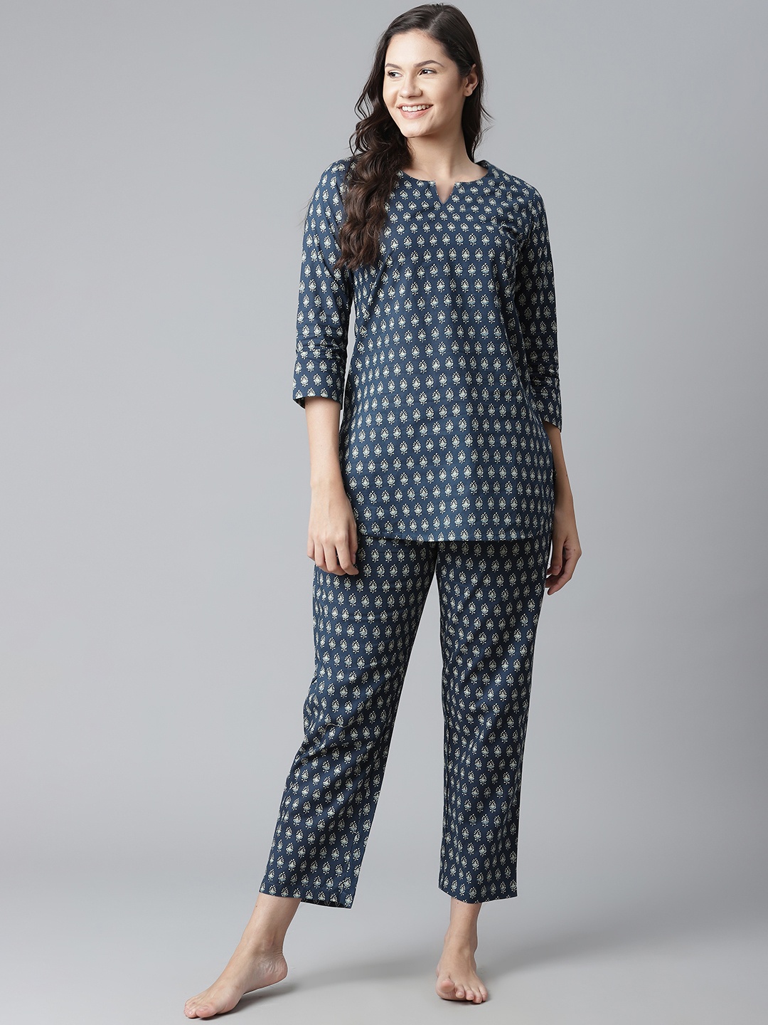 

Divena Women Navy Blue & White Printed Cotton Night suit
