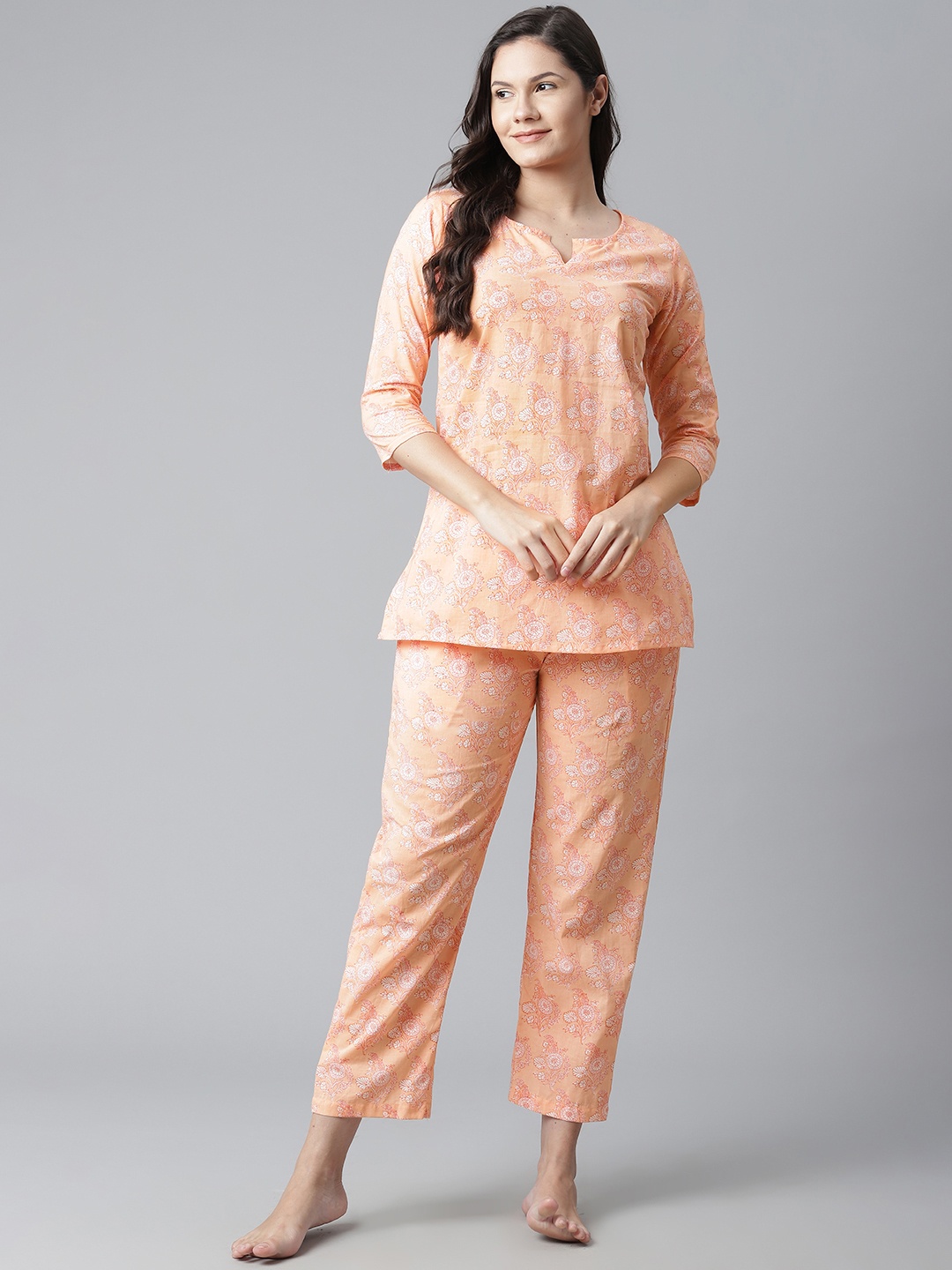 

Divena Women Peach-Coloured & White Ethnic Motifs Print Pure Cotton Pyjamas Set
