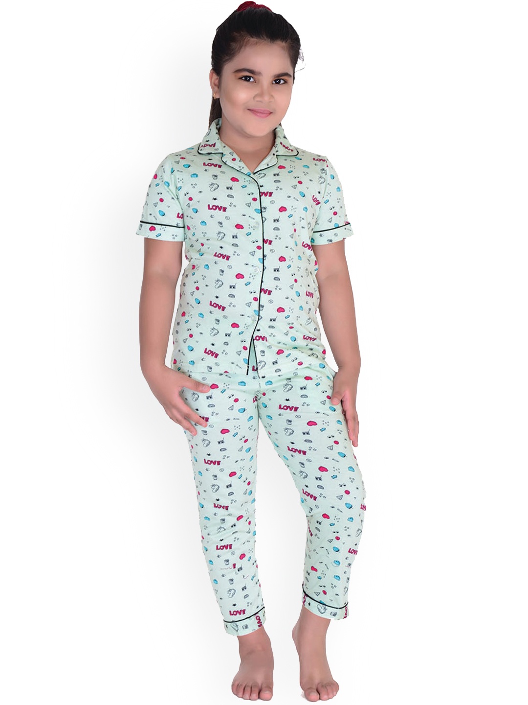 

Zoom Minimondo Kids Sea Green & Pink Printed Cotton Night suit JENNI-1-34