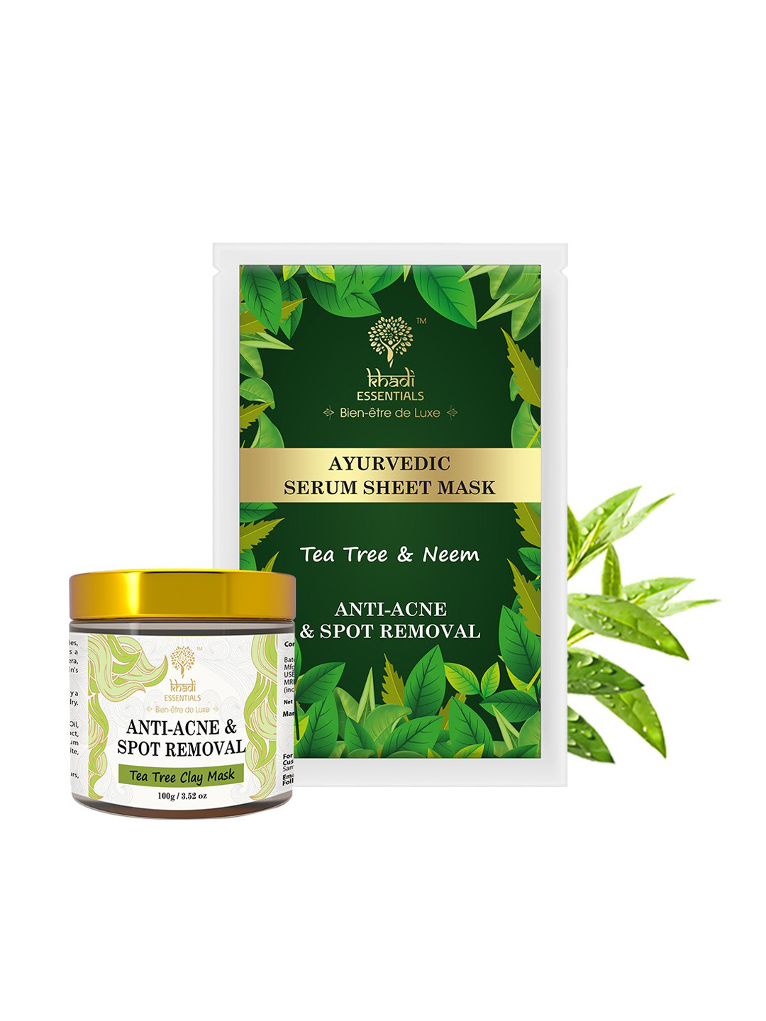 

KHADI ESSENTIALS Combo of Tea Tree Claymask and Serum Sheet Mask, Green