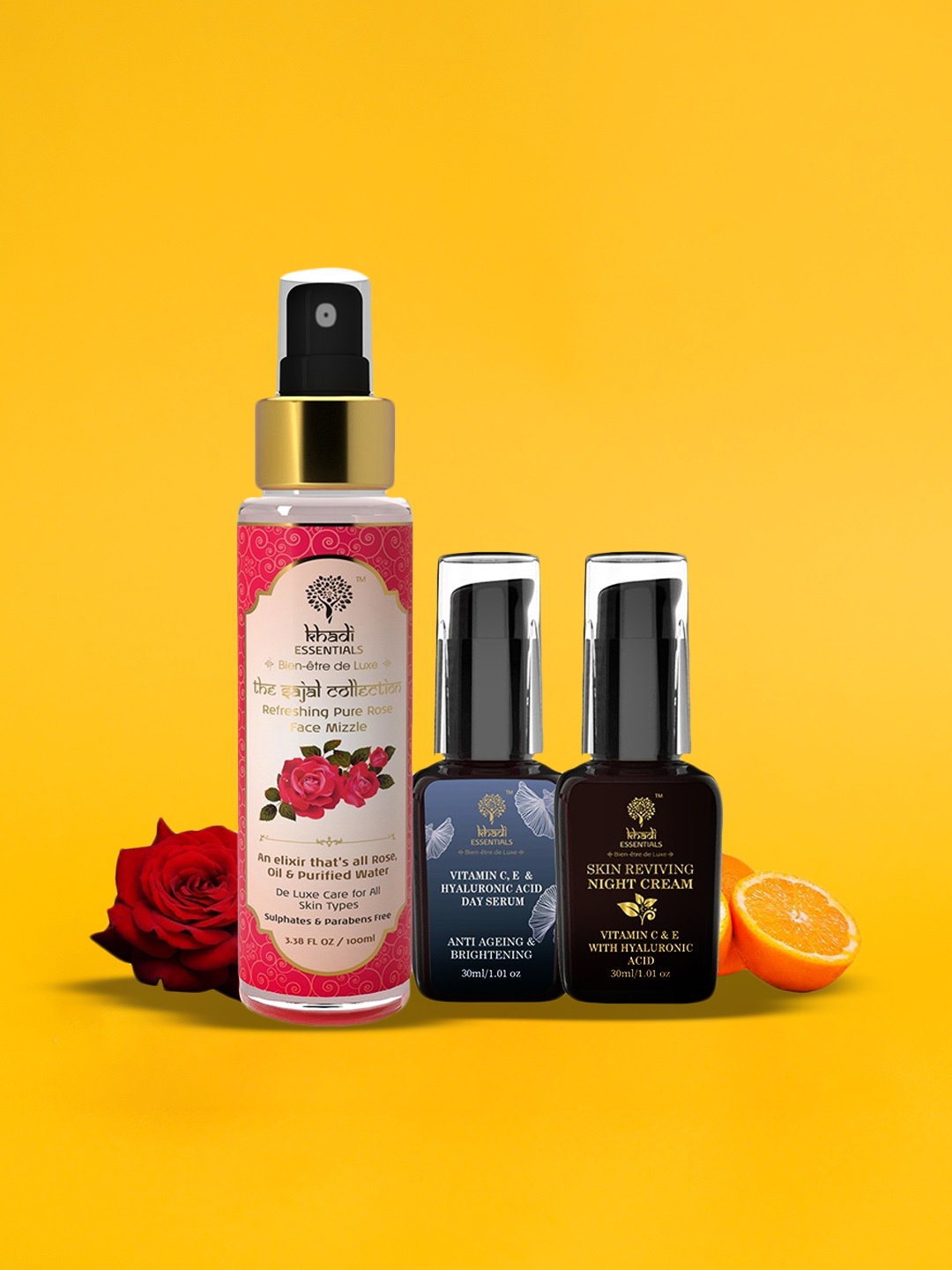 

KHADI ESSENTIALS Combo of Vitamin C, E, HA Night Cream & Day Serum with Rose Face Mist, Multi