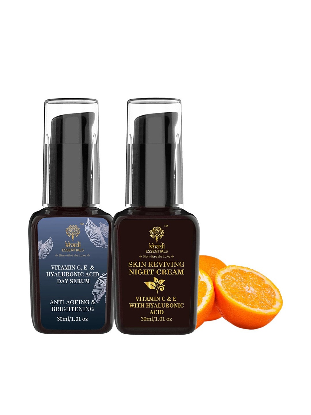 

KHADI ESSENTIALS Combo of Vitamin C, E, HA Day Serum & Night Cream 30ml, Black