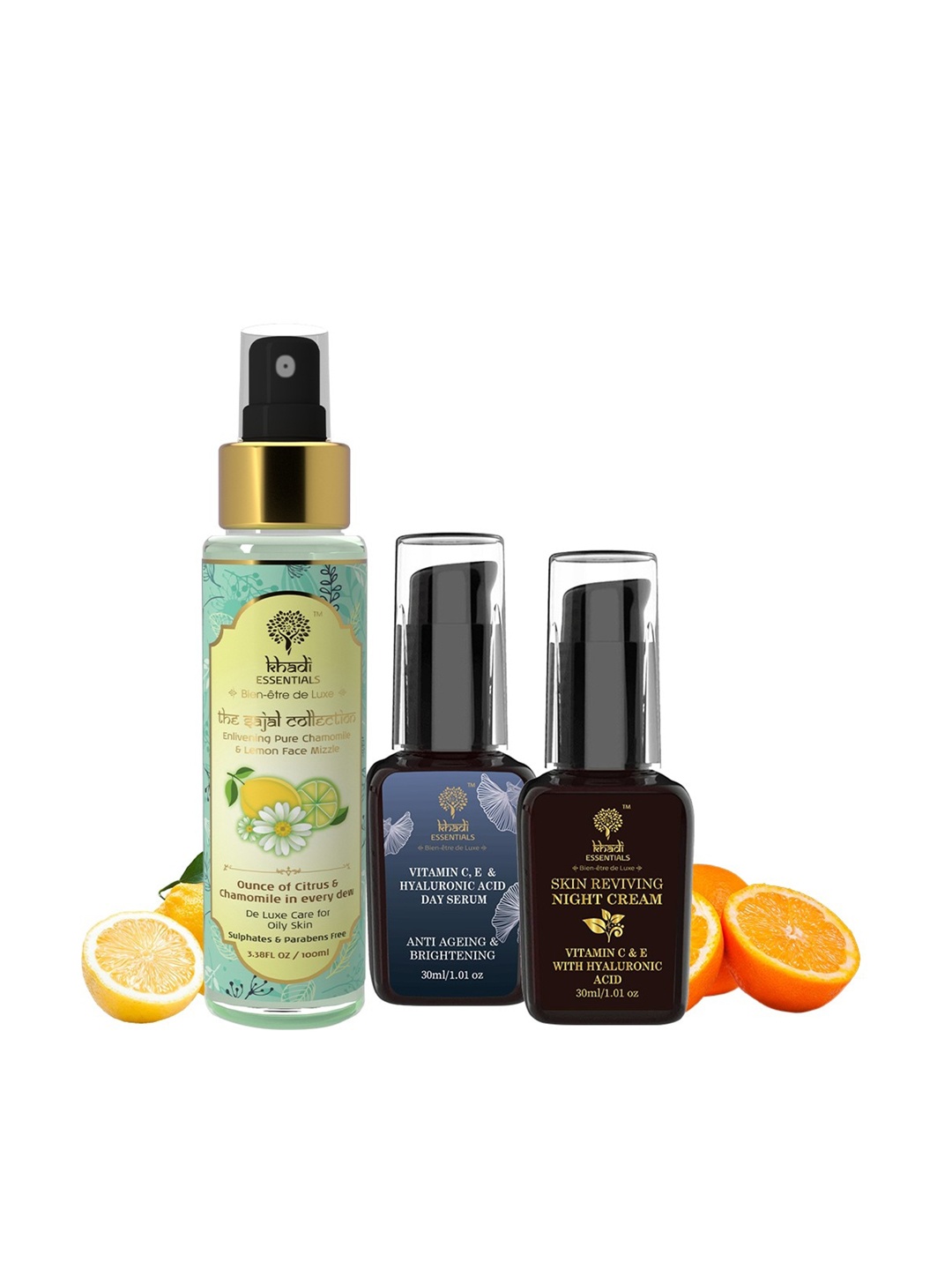 

KHADI ESSENTIALS Combo of Vitamin C, E, HA Night Cream & Day Serum with Face Toner, Multi