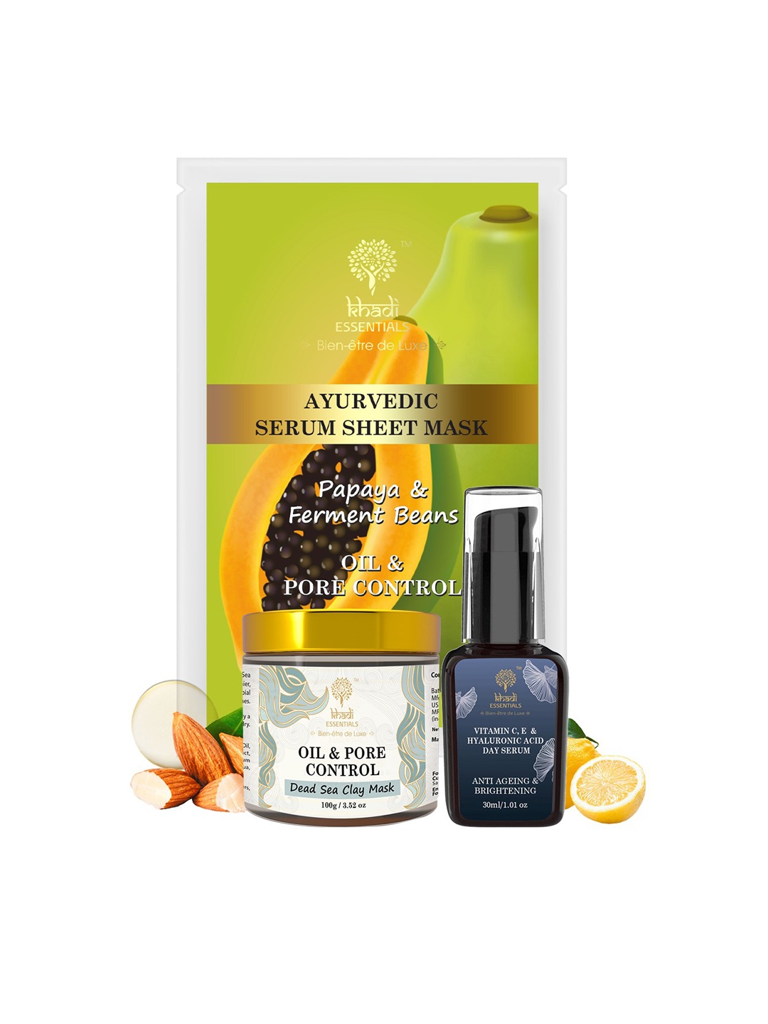 

KHADI ESSENTIALS Dead Sea Clay Mask, Vit C, E, HA Day Serum & Papaya Sheet Mask Combo, Yellow