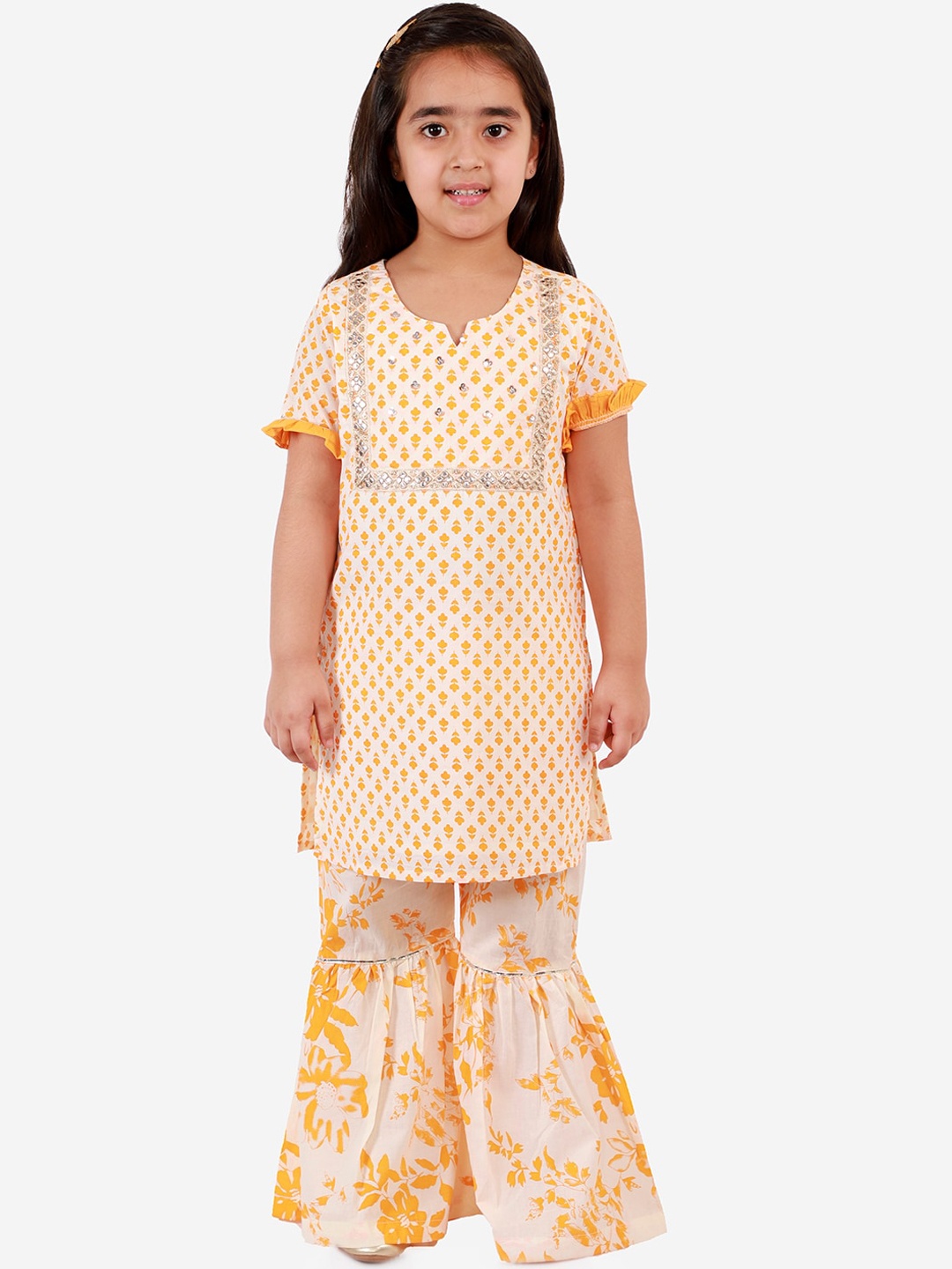 

LIL DRAMA Girls Yellow Floral Printed Pure Cotton Kurta with Palazzos