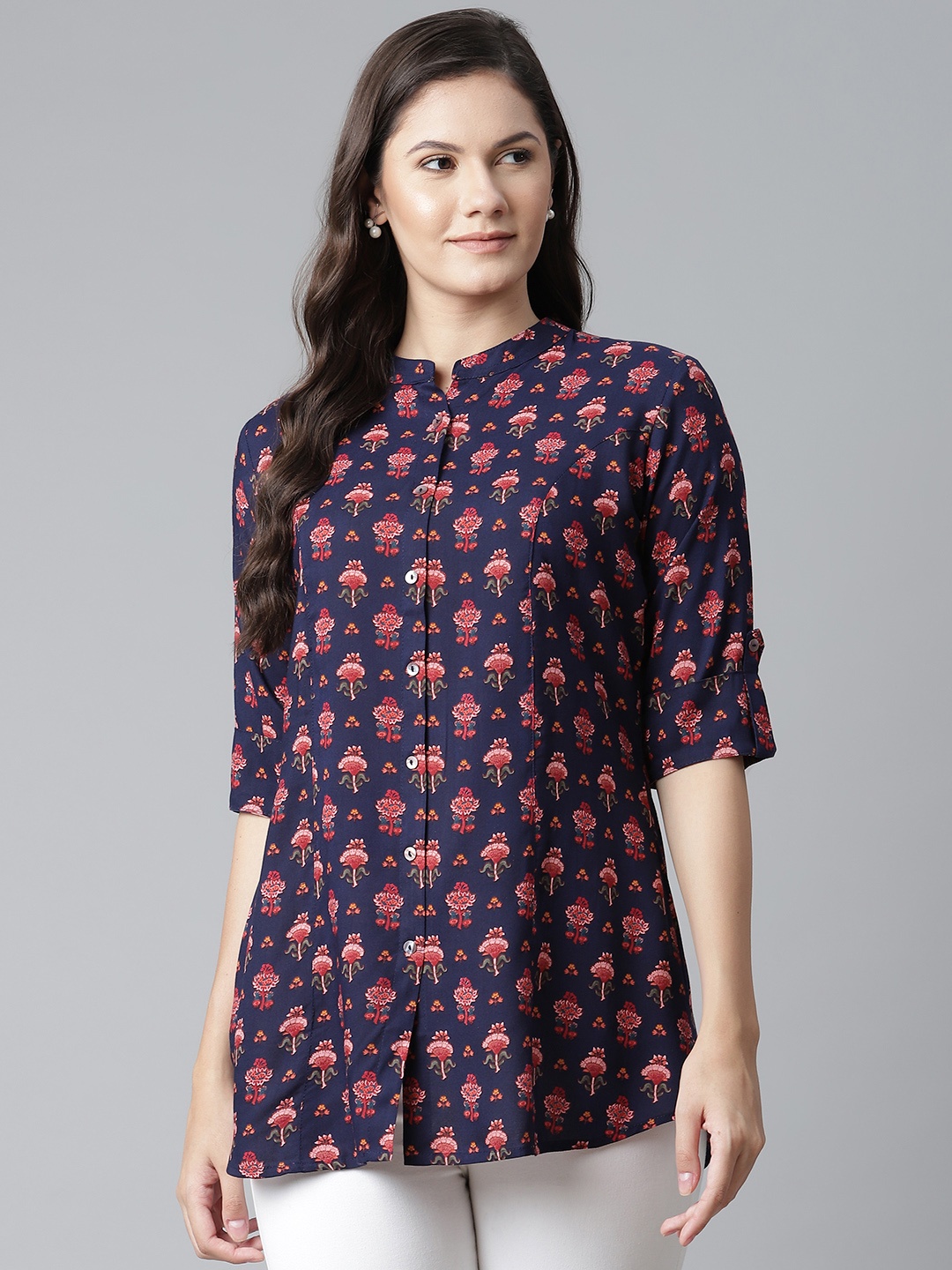 

Divena Navy Blue & Pink Ethnic Motifs Print Mandarin Collar Shirt Style Top