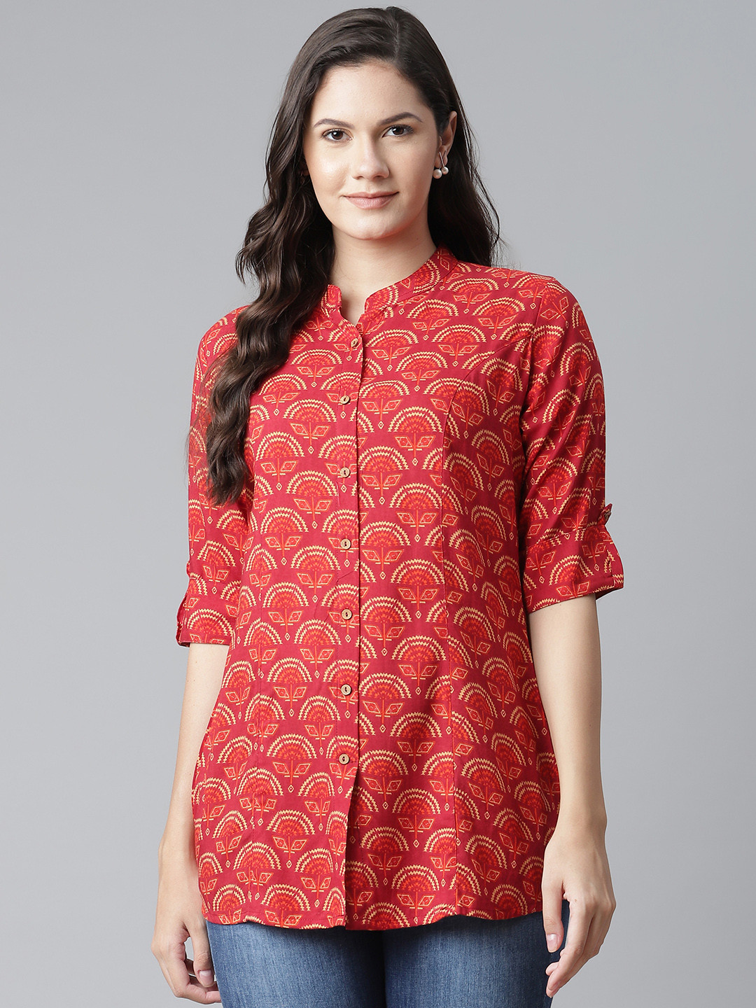 

Divena Red & Orange Ethnic Motifs Print Mandarin Collar Shirt Style Top