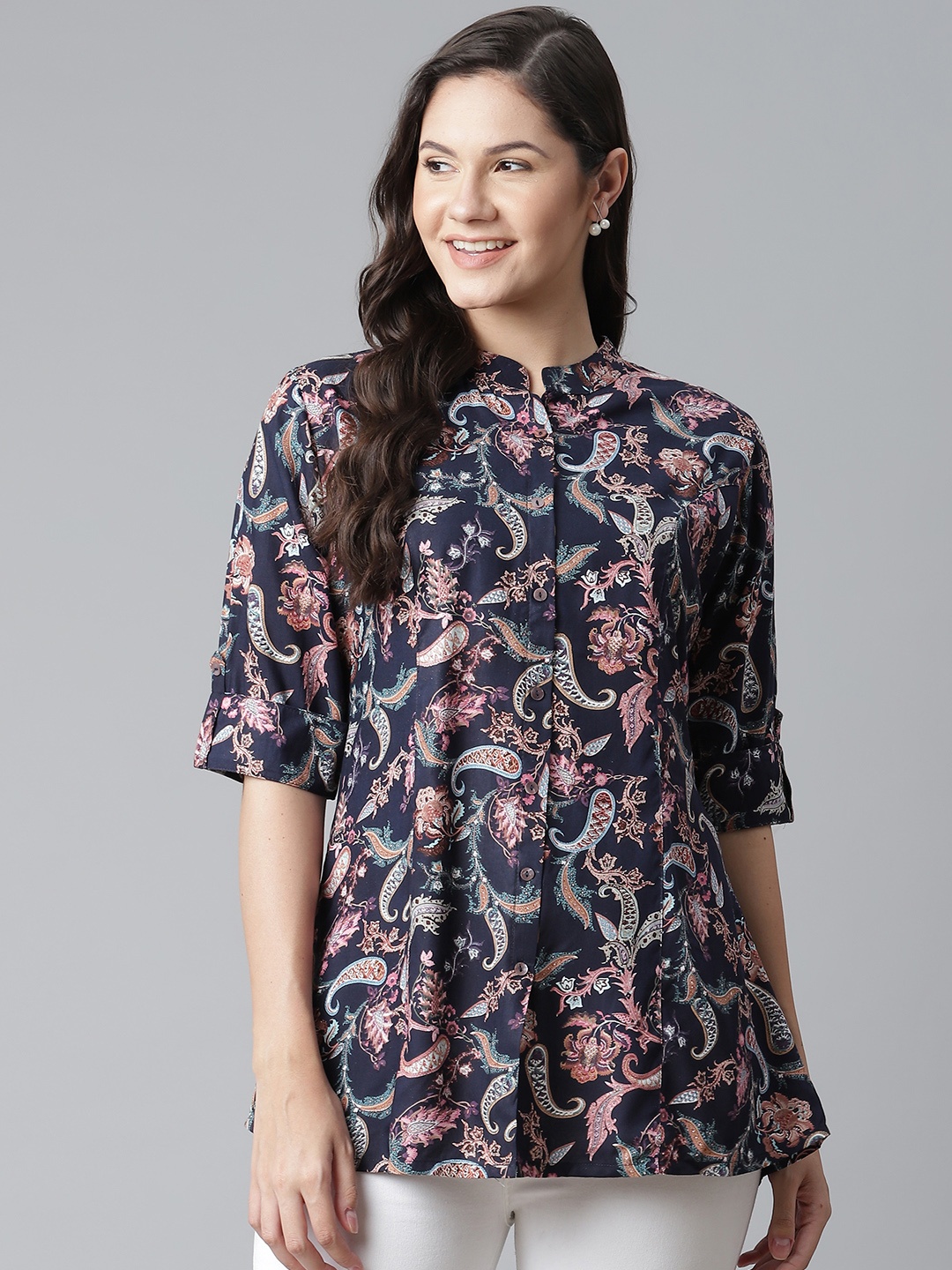 

Divena Navy Blue & Beige Ethnic Motifs Print Mandarin Collar Shirt Style Top