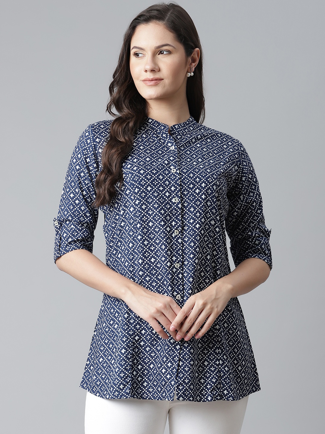 

Divena Teal Blue & White Ethnic Motifs Print Mandarin Collar Shirt Style Top