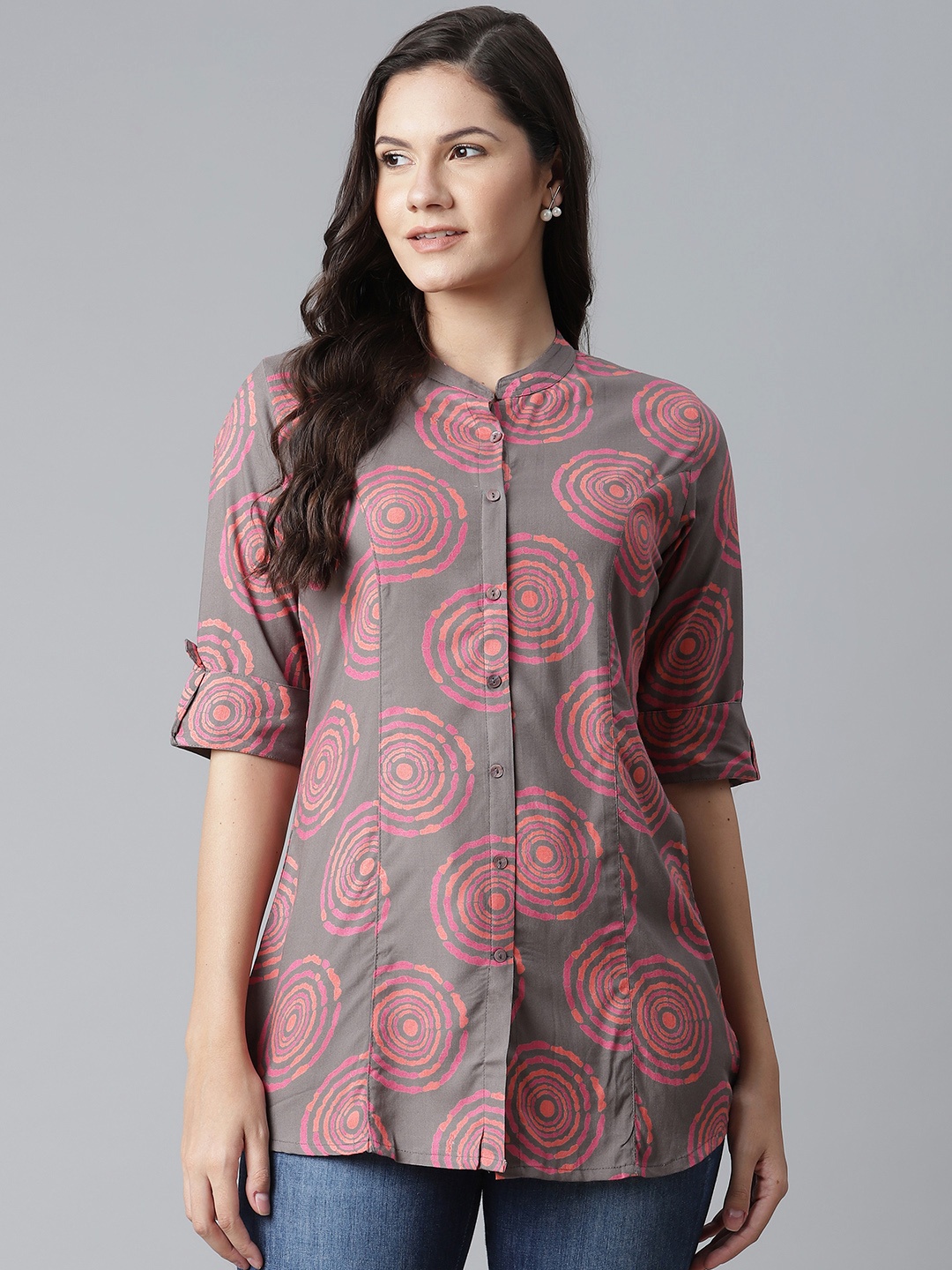 

Divena Women Grey & Pink Spiral Printed Casual Shirt