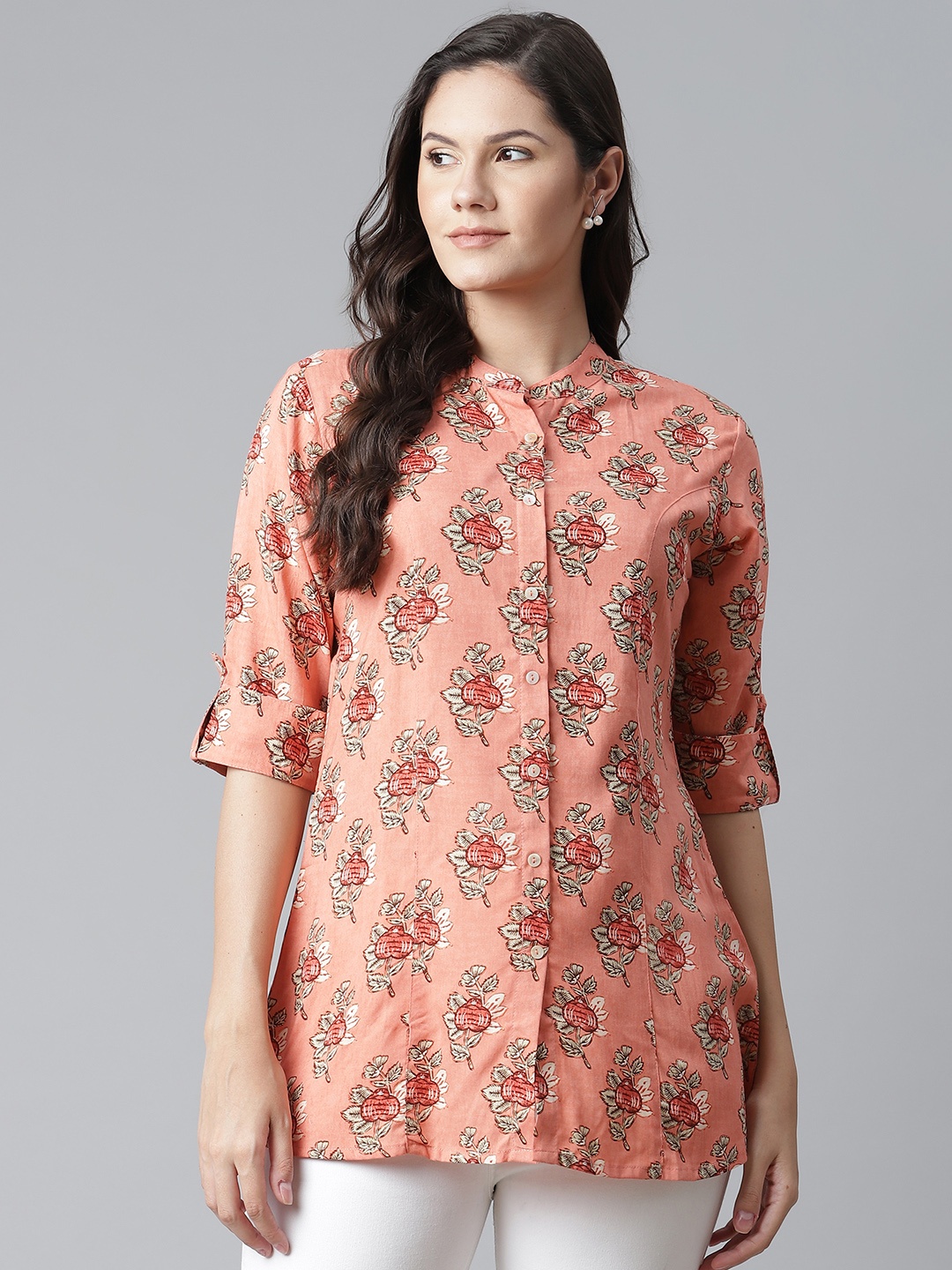 

Divena Women Peach-Coloured & White Floral Printed Casual Shirt