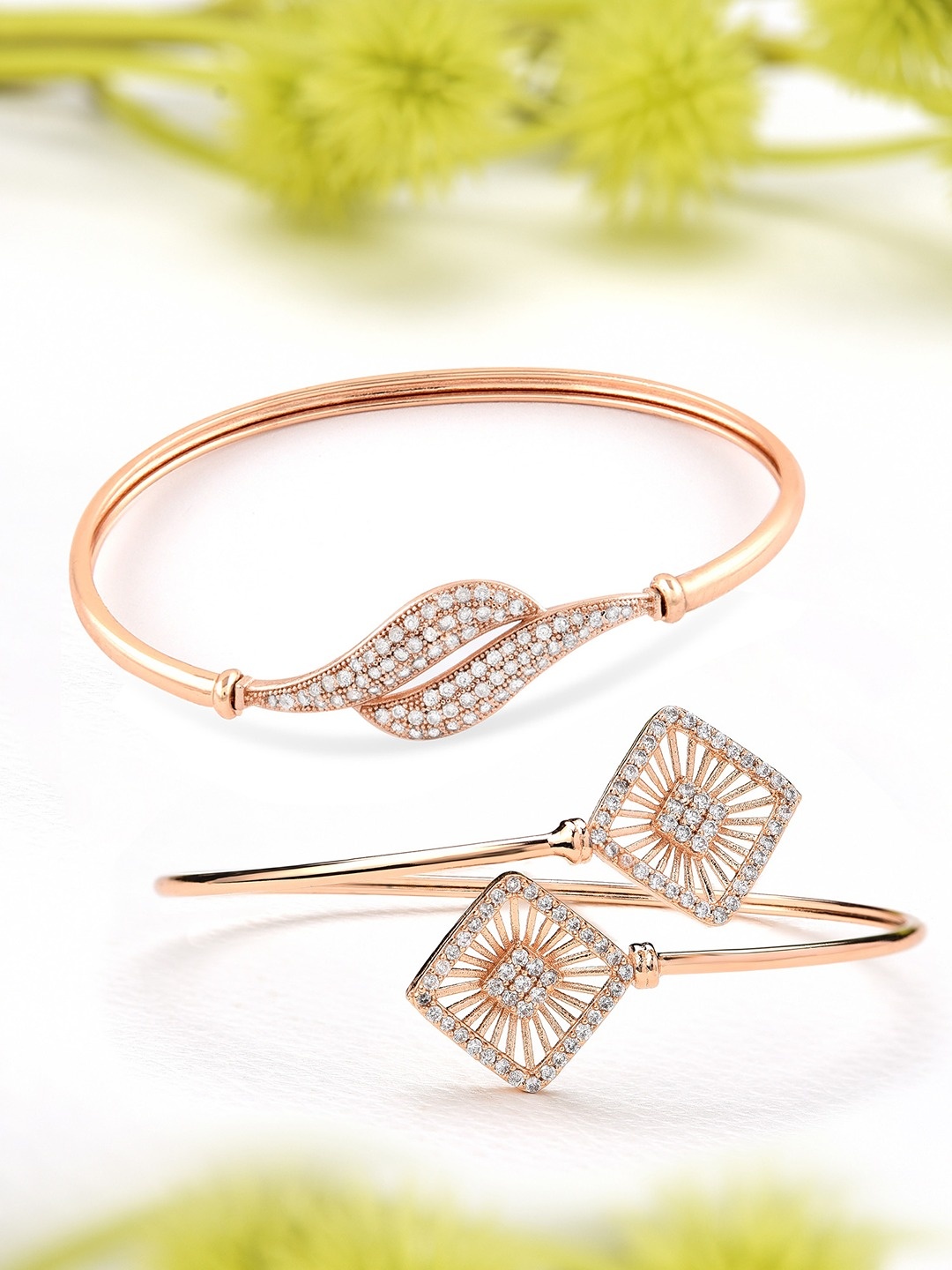

Zaveri Pearls Women Set of 2 Rose Gold Brass Cubic Zirconia Rose Gold-Plated Kada Bracelet