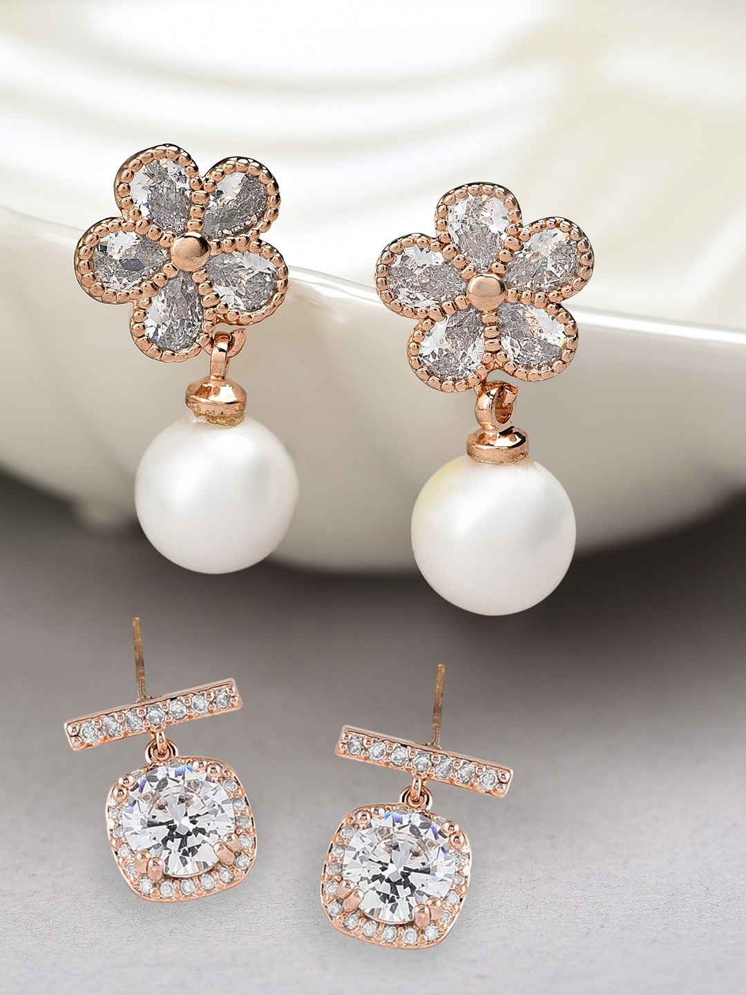 

Zaveri Pearls Rose Gold Plated Set of 2 Contemporary Drop Earrings
