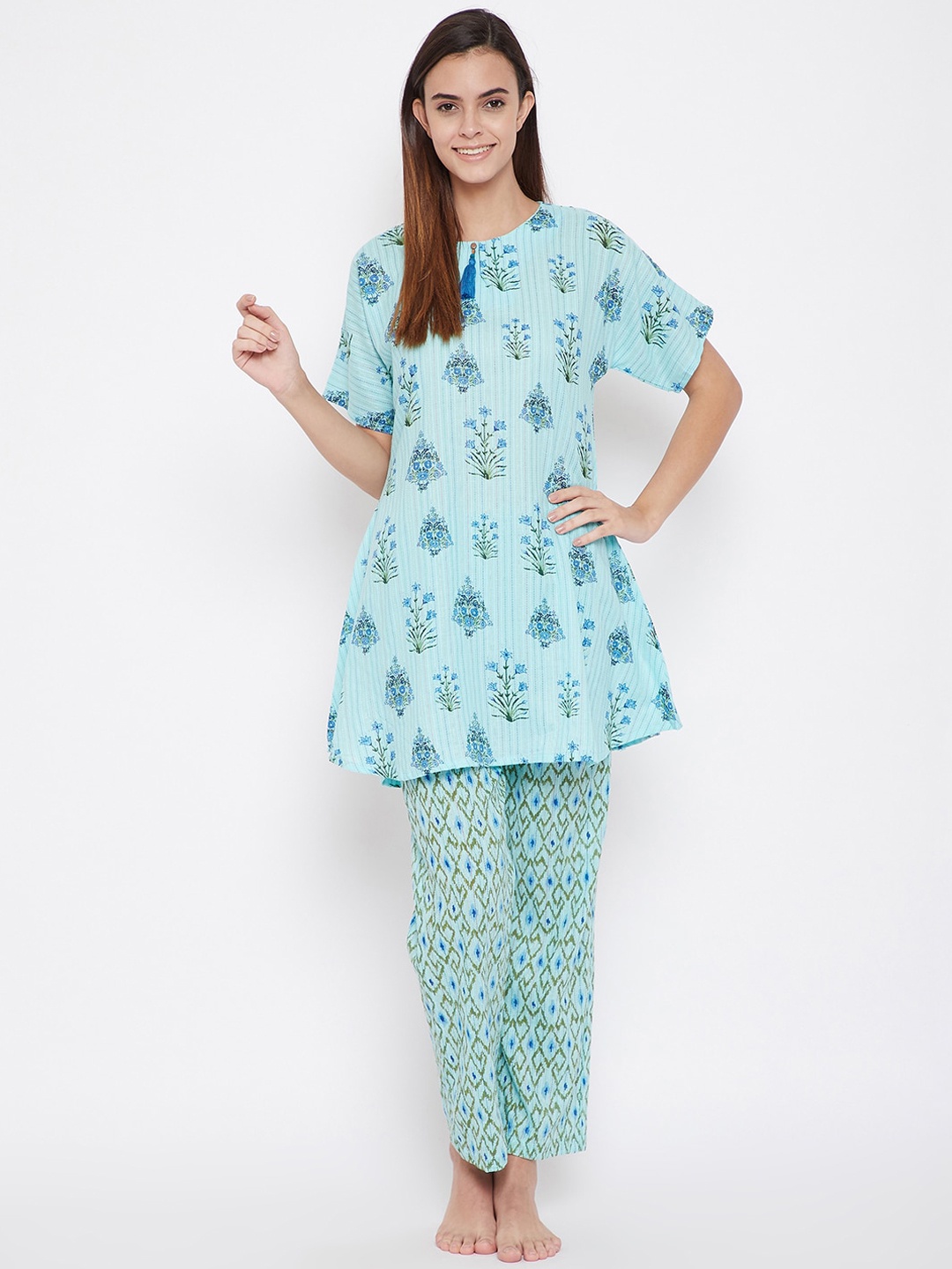 

The Kaftan Company Women Blue & Green Printed Night suit