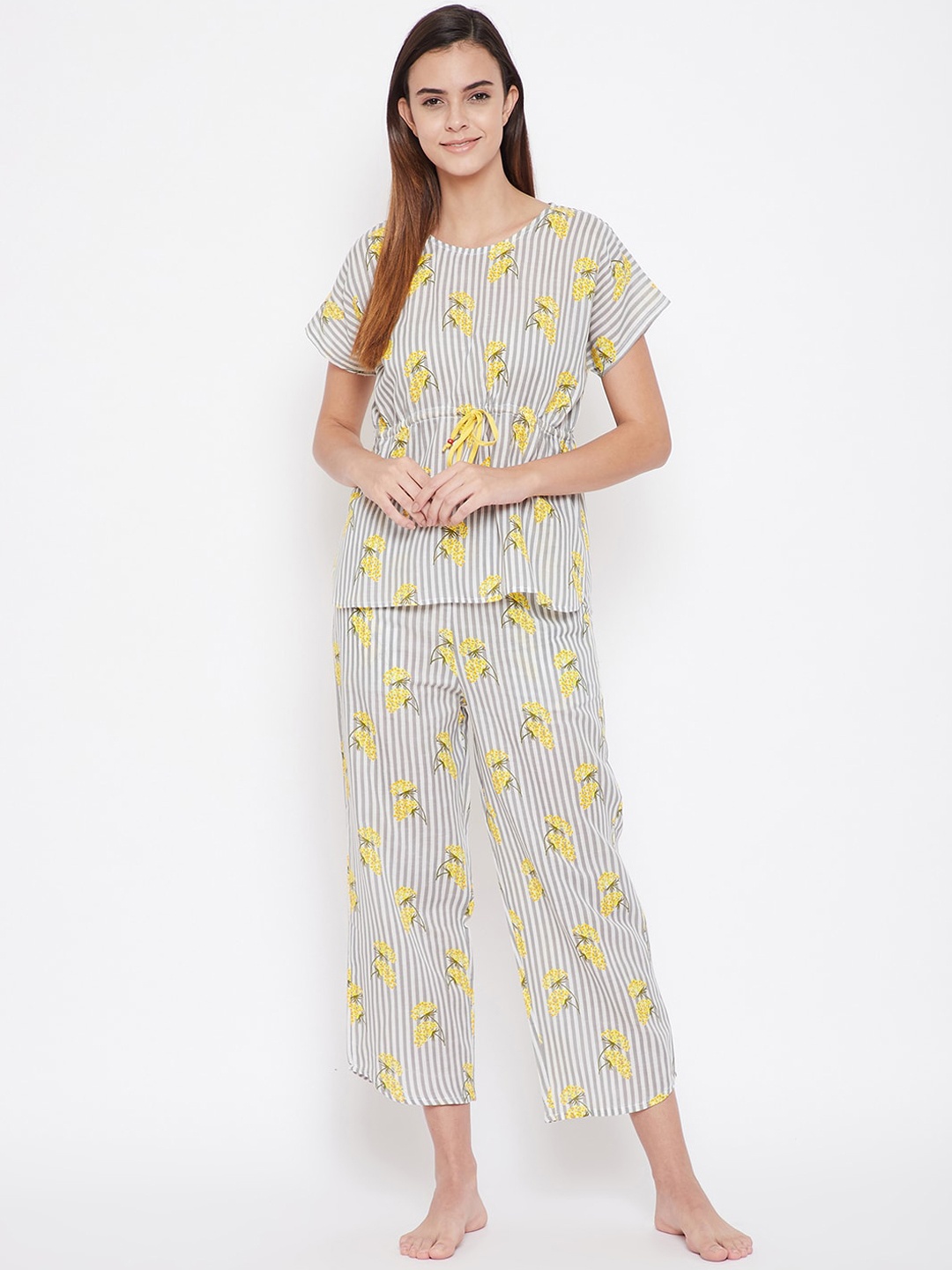 

The Kaftan Company Women Yellow & Grey Printed Cotton Night Suit