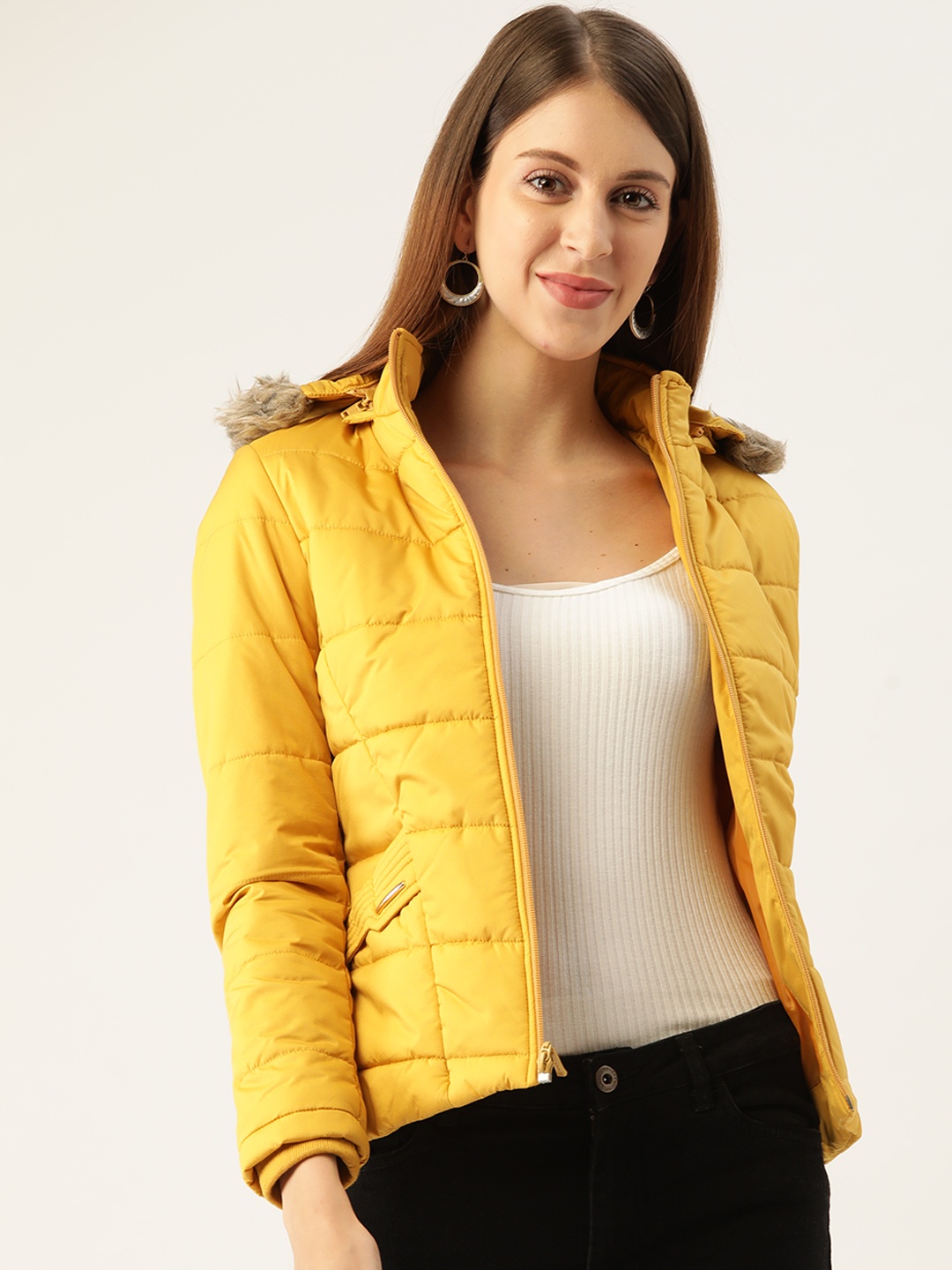 

Monte Carlo Women Mustard Yellow Parka Jacket With Detachable Hood