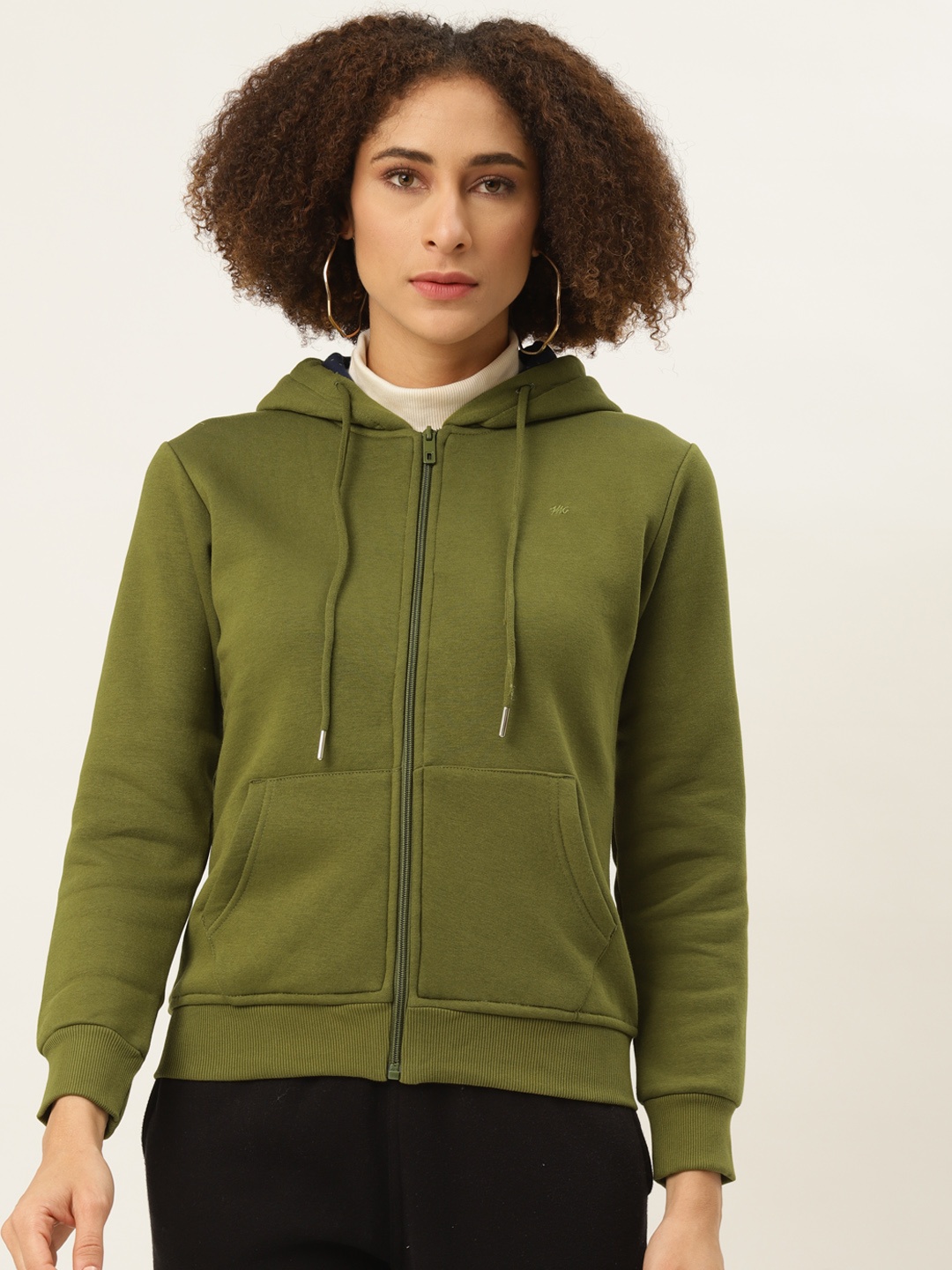 

Monte Carlo Women Olive Green Solid Hooded Sweatshirt
