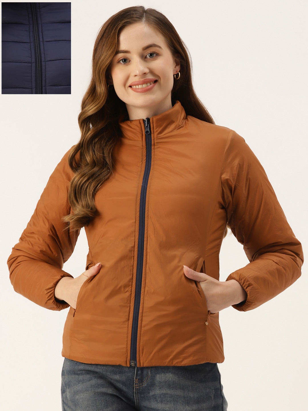 

Monte Carlo Women Navy Blue & Brown Reversible Padded Jacket with Pouch