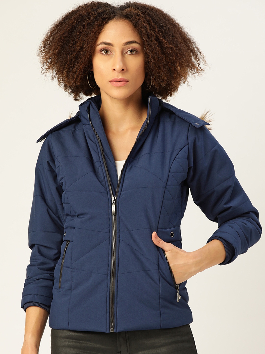 

Monte Carlo Women Navy Blue Solid Parka Jacket with Detachable Hood