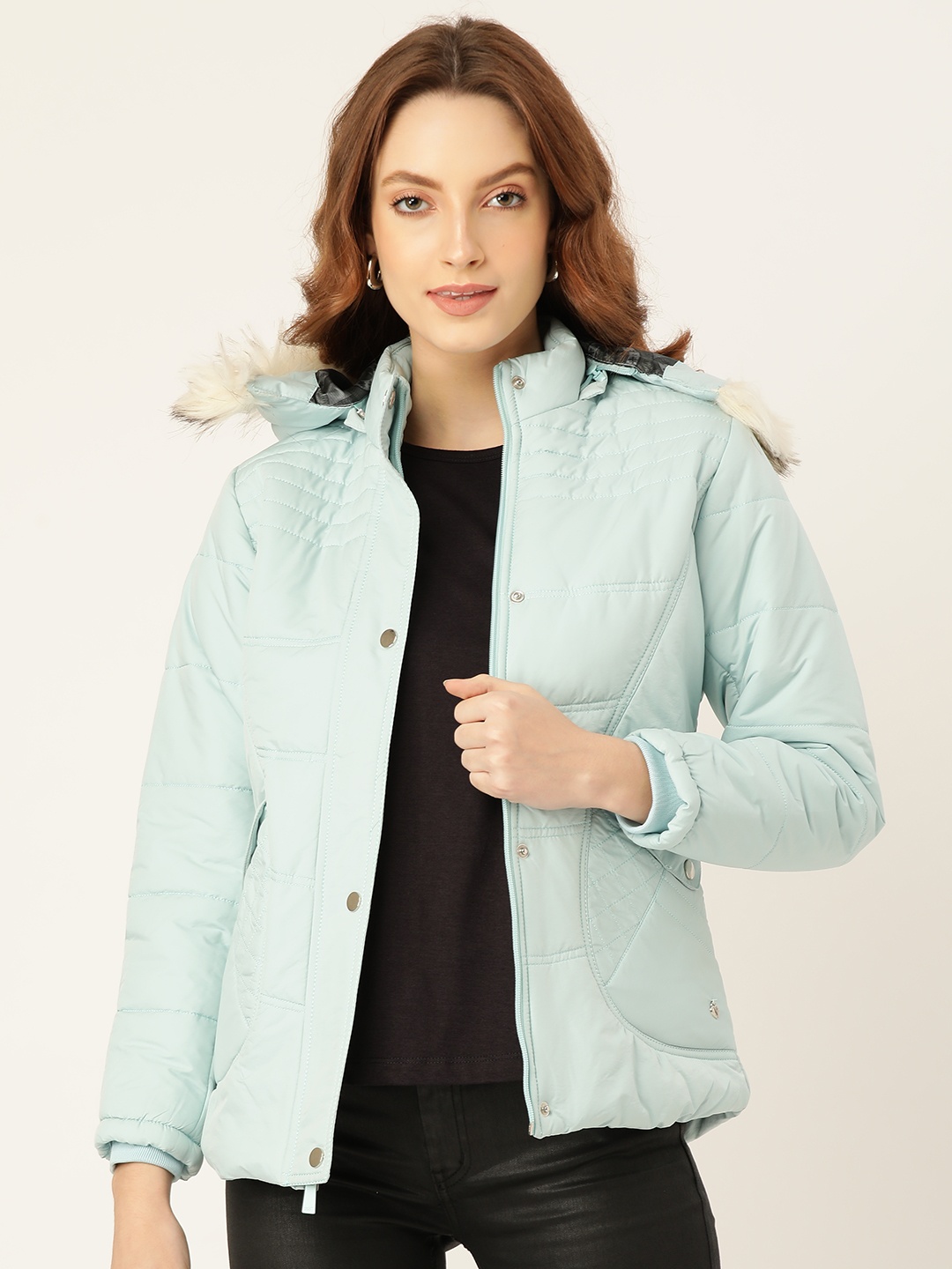 

Monte Carlo Women Turquoise Blue Solid Parka Jacket With Detachable Hood