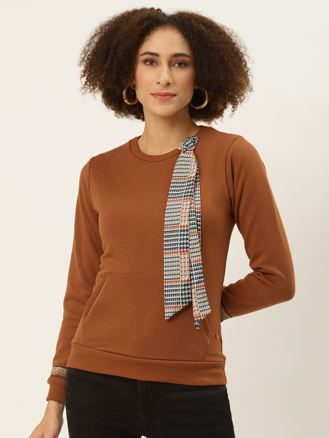 

Monte Carlo Women Rust Brown Tie-Up Neck Solid Sweatshirt