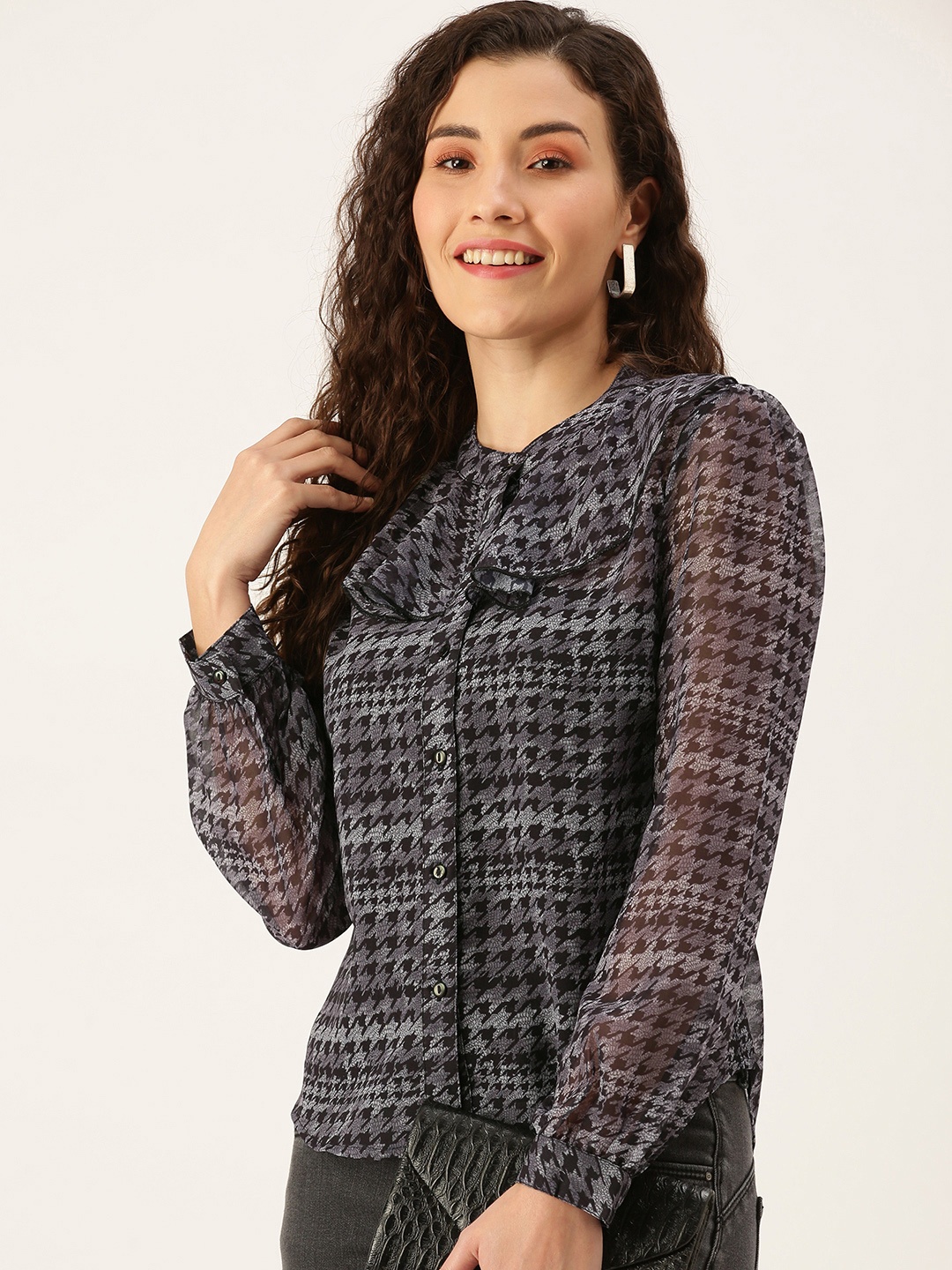 

Flying Machine Women Black Printed Mandarin Collar Layered Blouson Top