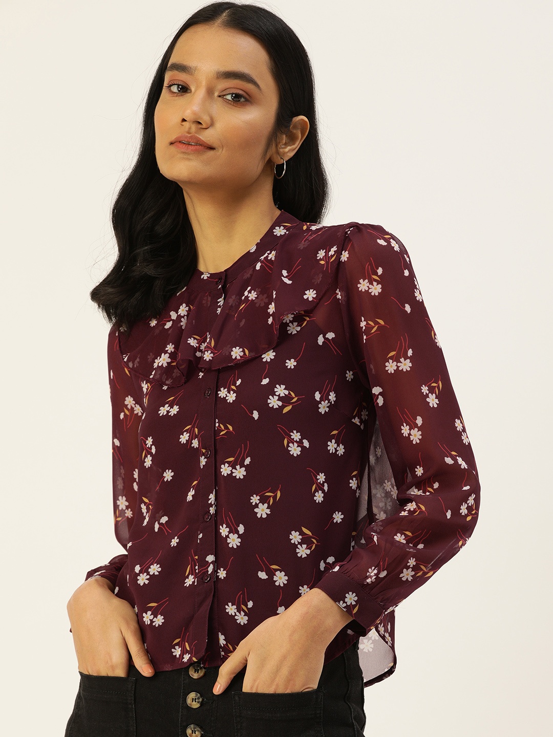 

Flying Machine Maroon Floral Shirt Style Top